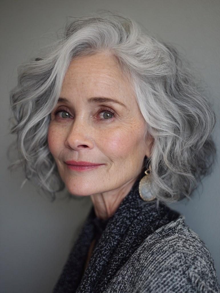 Woman over 70 with a tousled gray waves with soft volume — hairstyle that helps a woman over 70 look fresh and younger