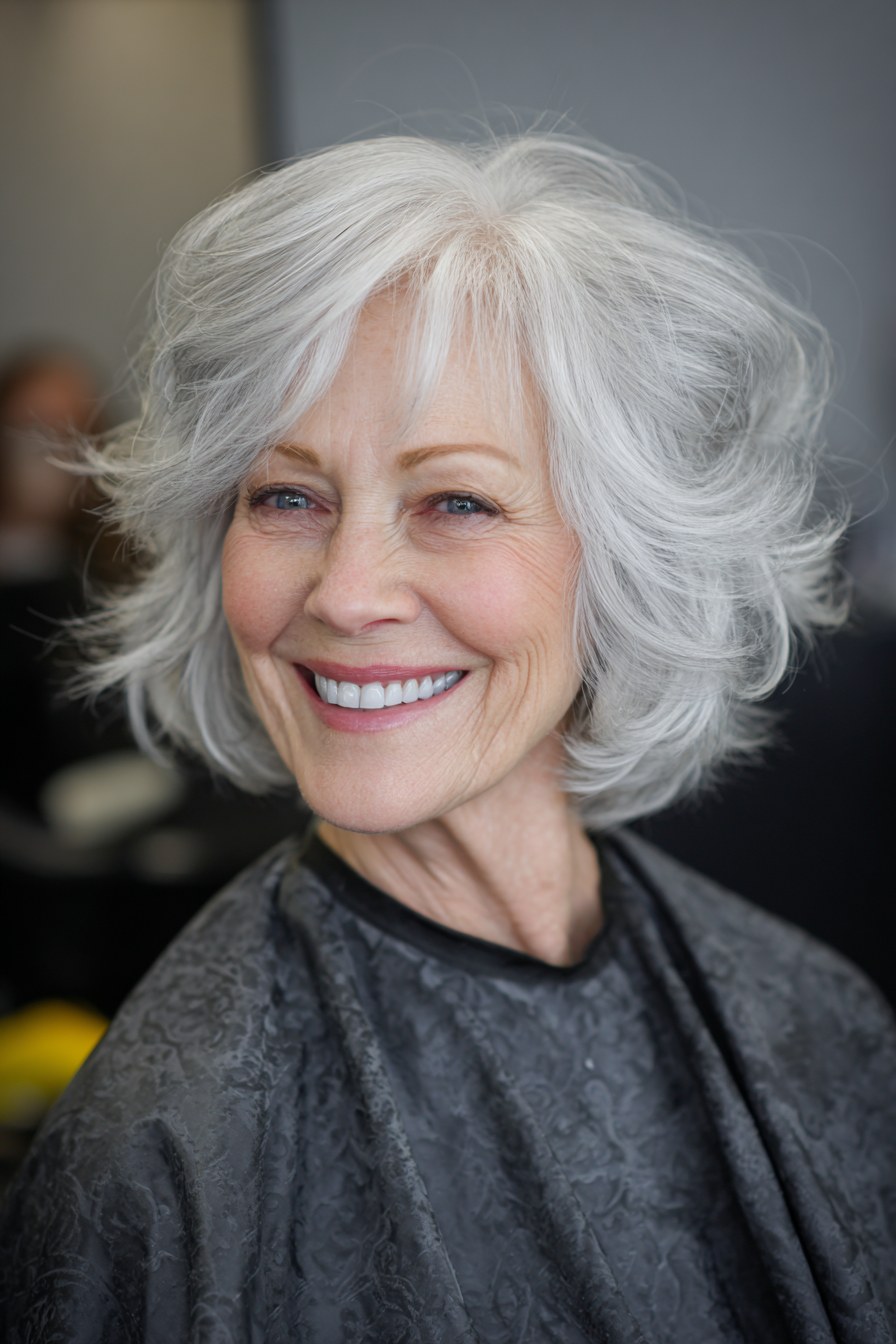 Woman over 70 with a feathered white bob with gentle waves — hairstyle that helps a woman over 70 look fresh and younger