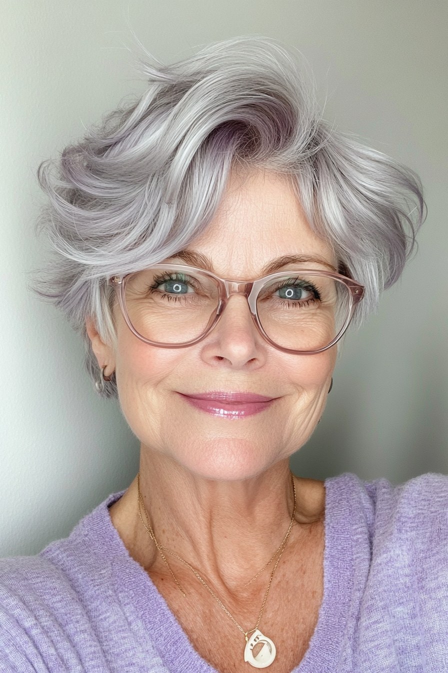Woman over 70 with a wavy lavender-silver waves with glasses — hairstyle that helps a woman over 70 look fresh and younger