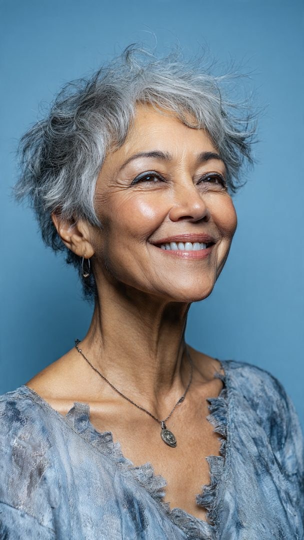 Woman over 70 with a natural curly gray crop — hairstyle that helps a woman over 70 look fresh and younger