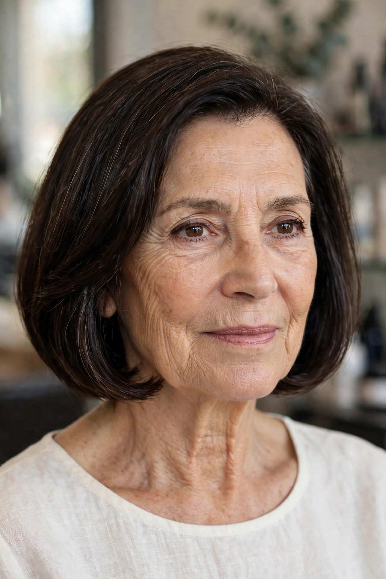 Glossy Chin-Length Italian Bob - youthful hairstyle on a woman over 50