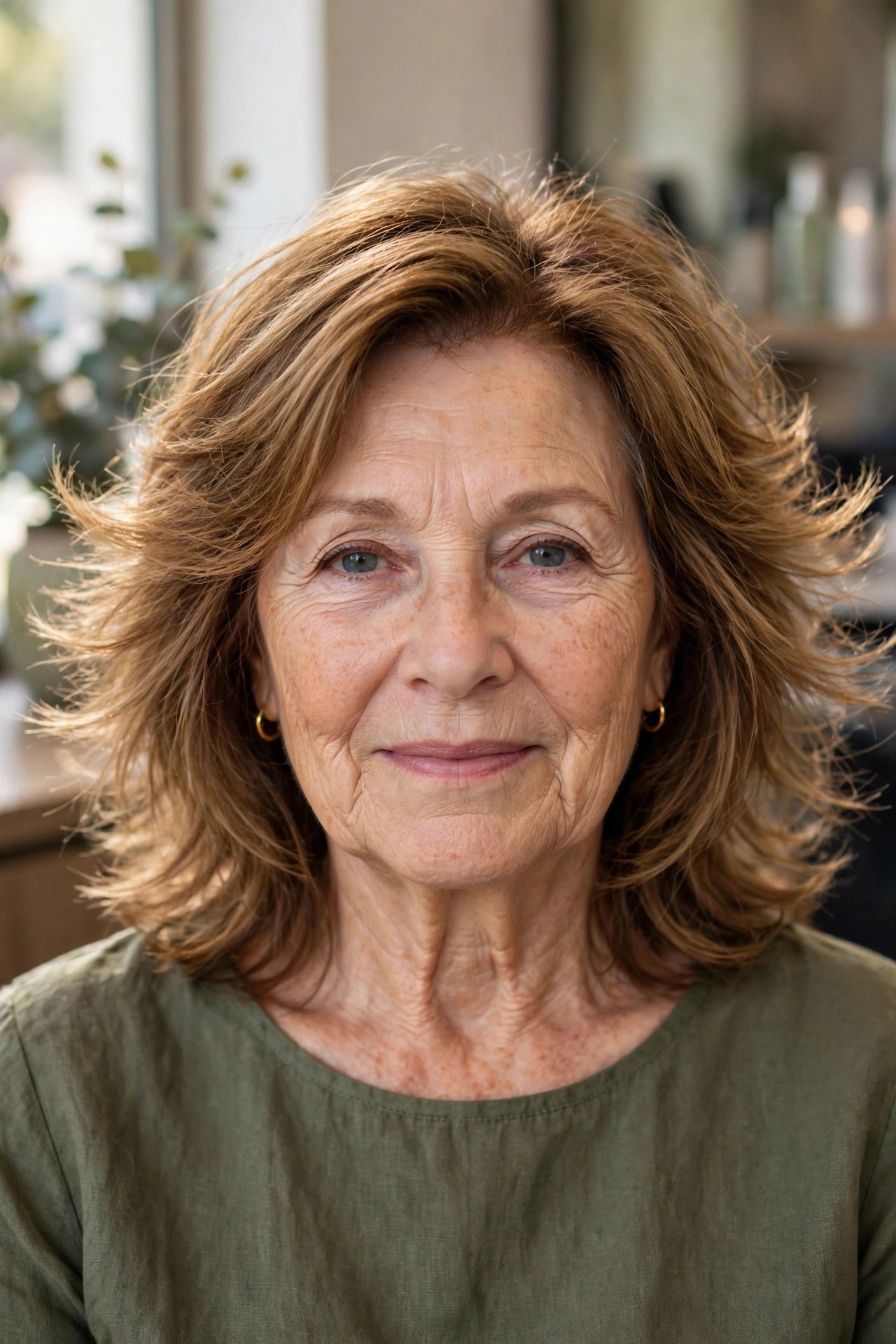 Feathered Layers Flicked Away From the Face - youthful hairstyle on a woman over 50
