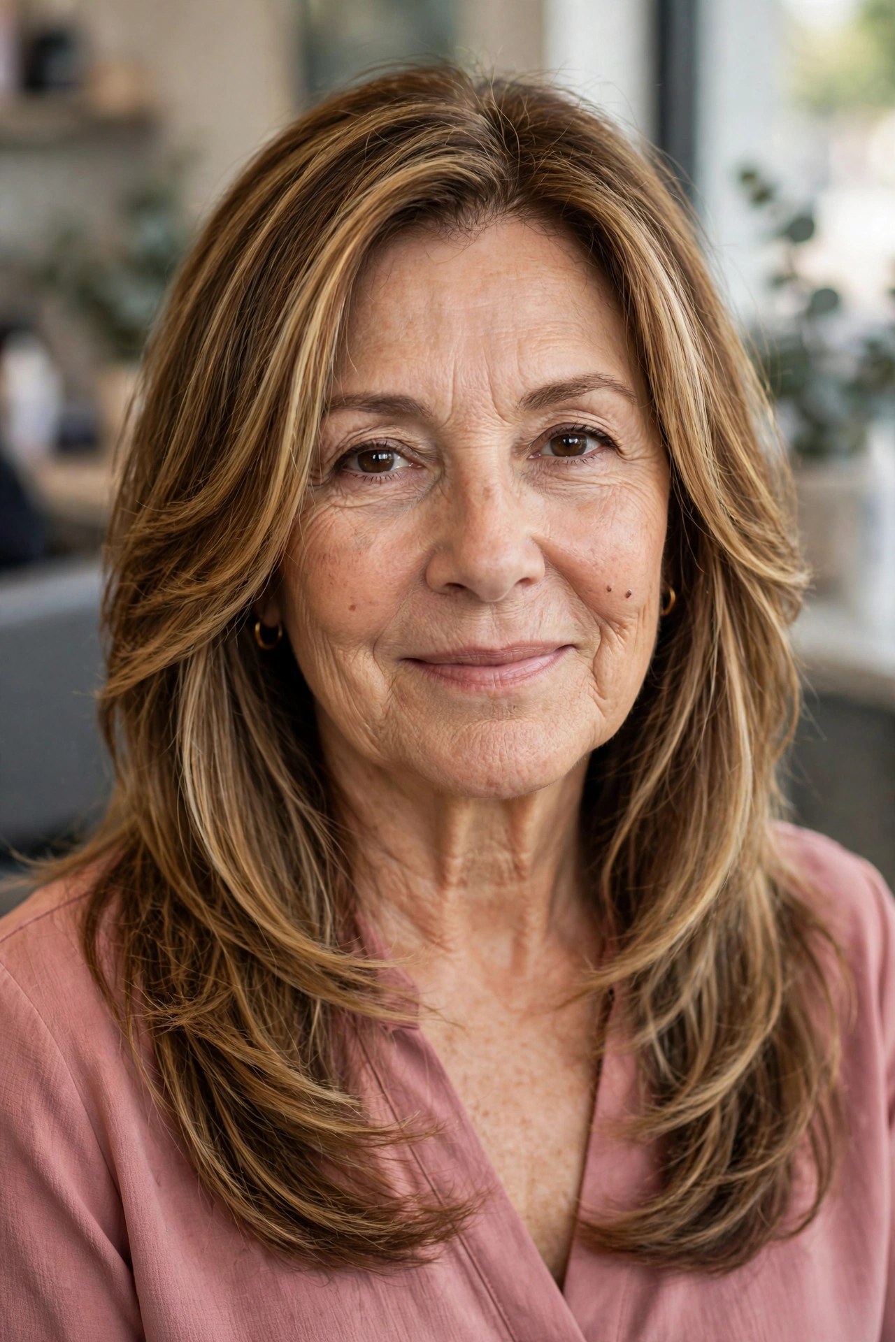 Golden Face-Framing Highlights on Long Hair - youthful hairstyle on a woman over 50
