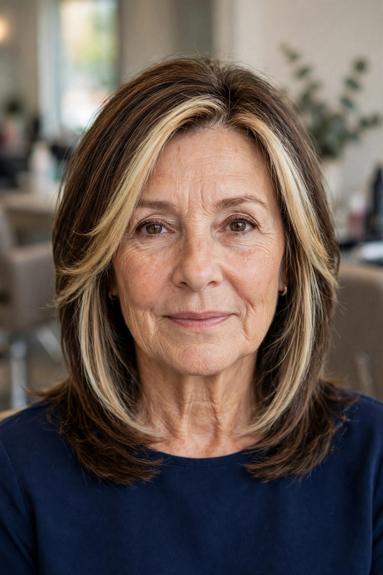 Face-Framing Layers With a Bright Money Piece - youthful hairstyle on a woman over 50