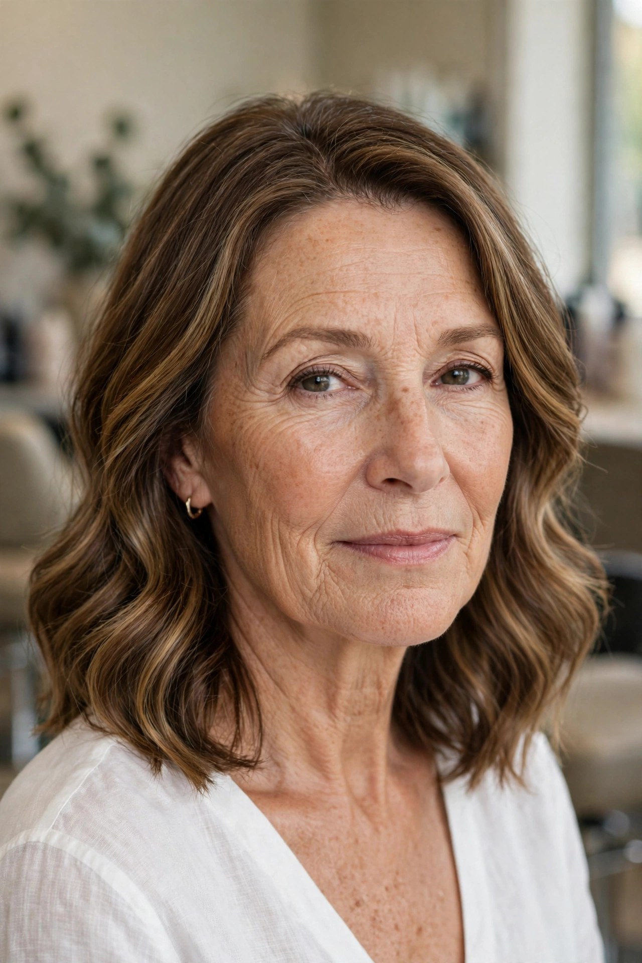 Warm Honey Balayage Lob - youthful hairstyle on a woman over 50