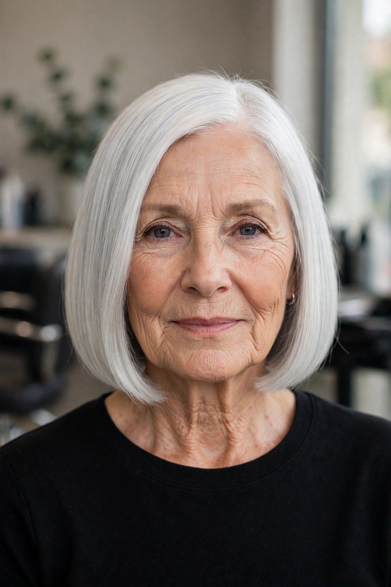 Sleek Blunt Bob in Glossy Silver - hairstyle that makes a woman over 60 look younger