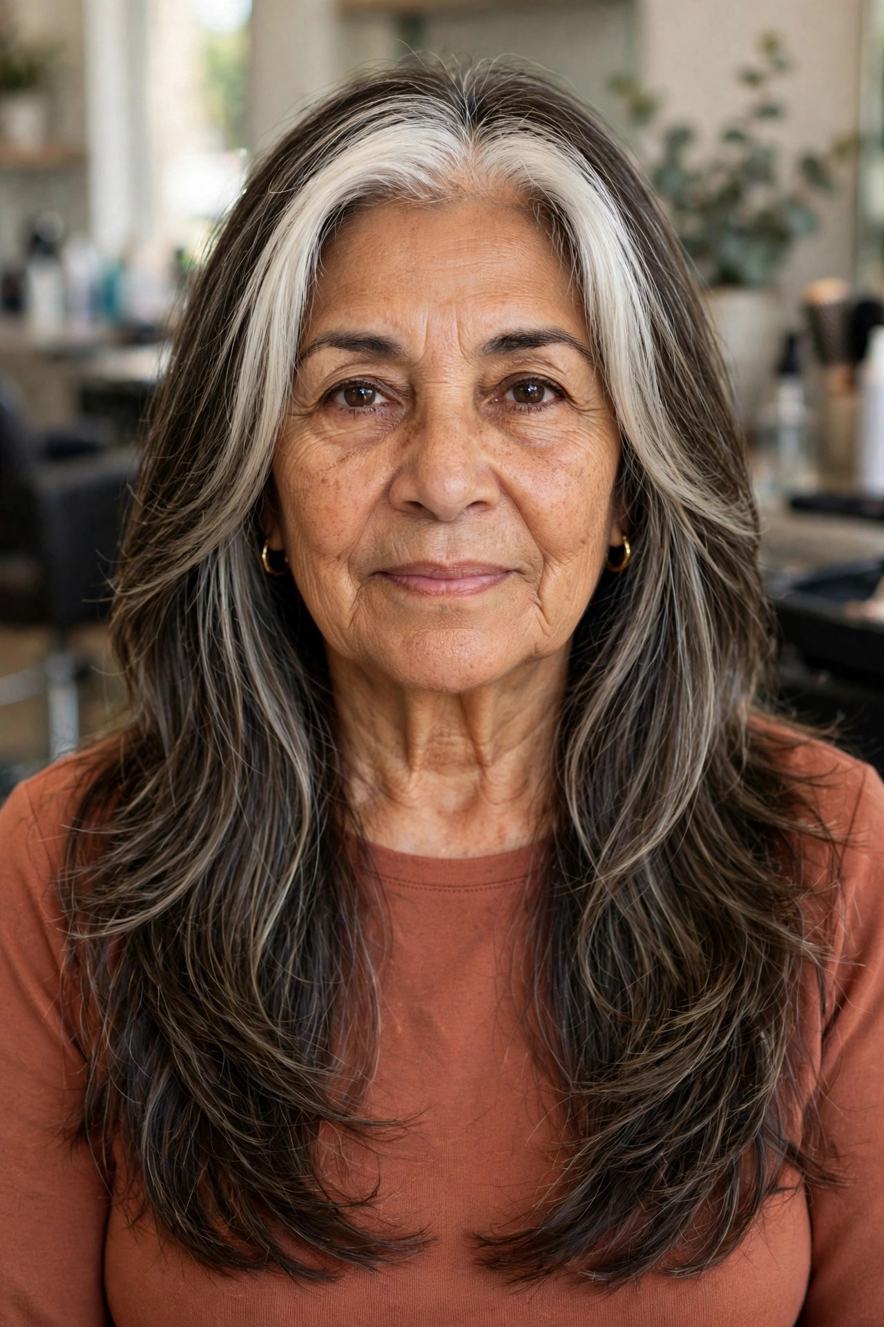 Long Layers with Bright Money-Piece Front Sections - hairstyle that makes a woman over 60 look younger