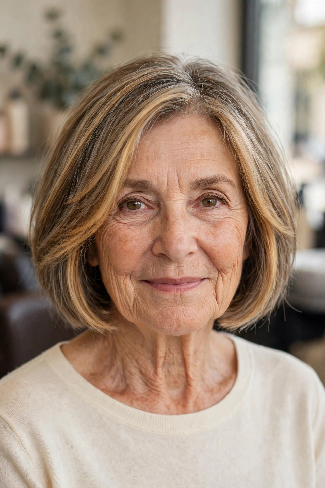Chin-Length Bob with Bright Face-Framing Highlights - hairstyle that makes a woman over 60 look younger