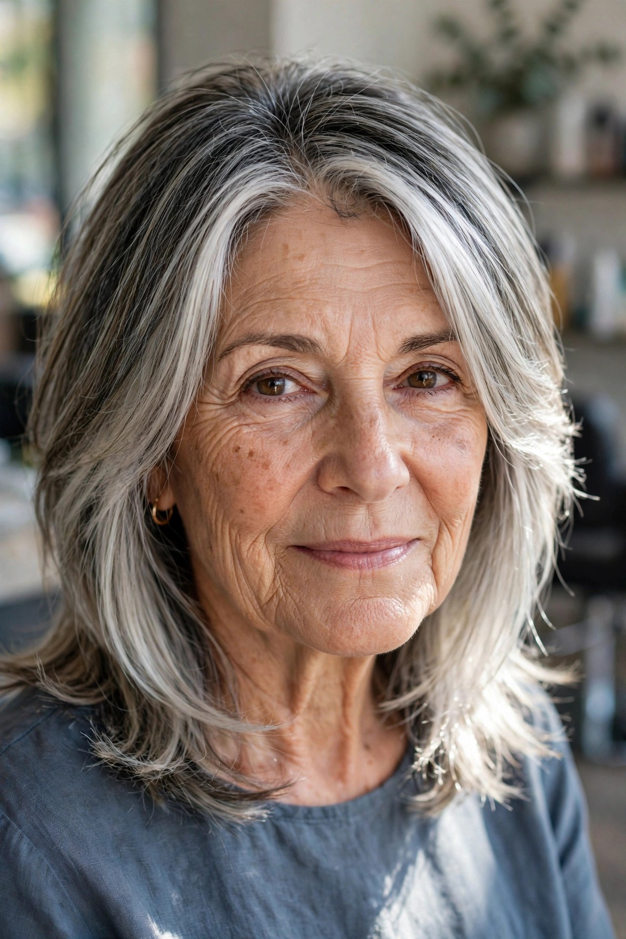 Layered Midi with Silver Balayage - hairstyle that makes a woman over 60 look younger