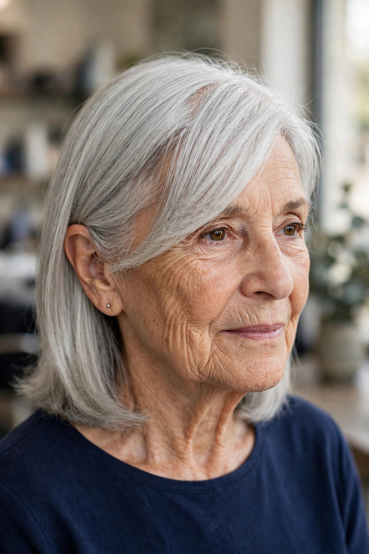 Deep Side Part with a Sweeping Fringe - hairstyle that makes a woman over 60 look younger