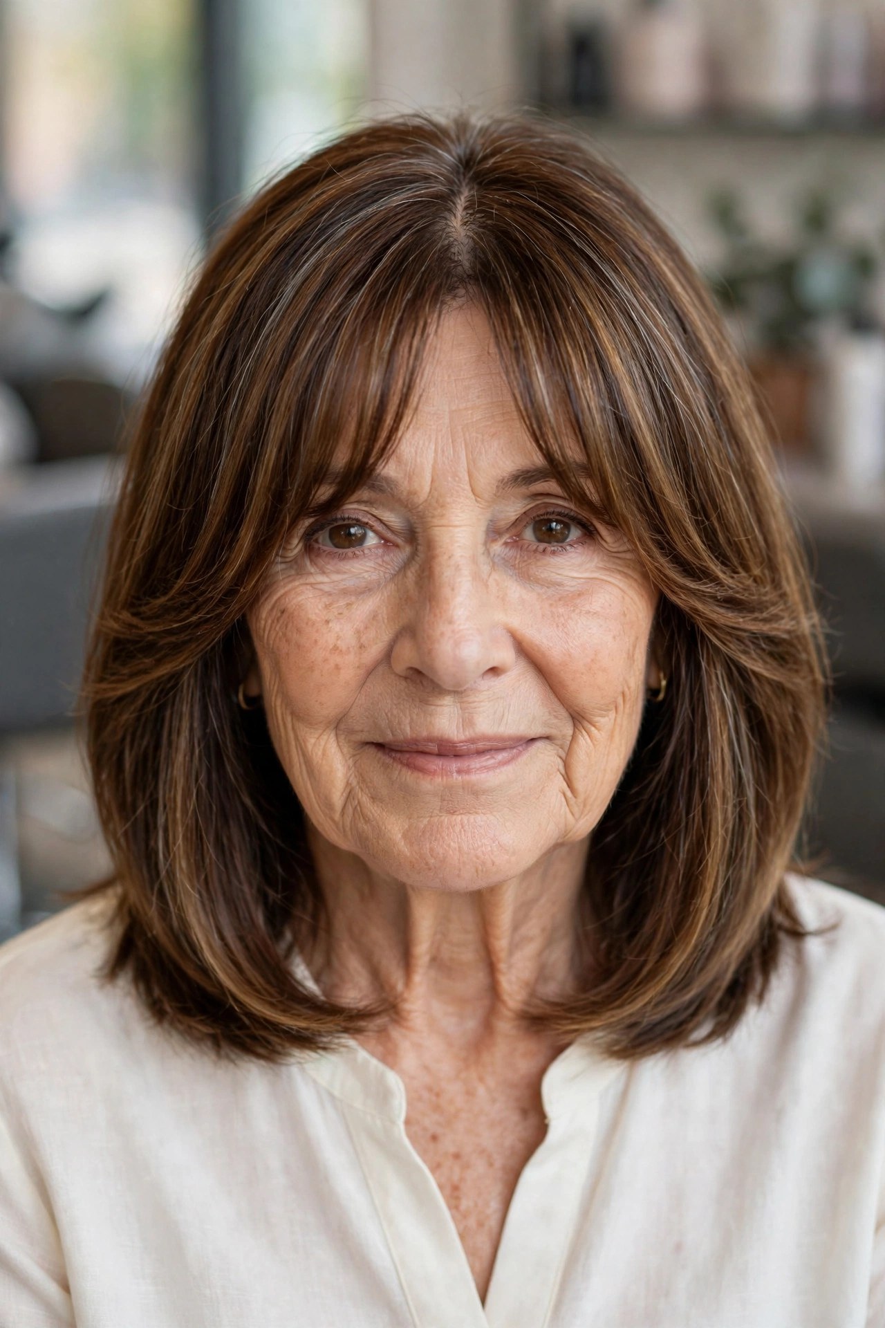 Shoulder-Length Lob with Curtain Bangs - hairstyle that makes a woman over 60 look younger
