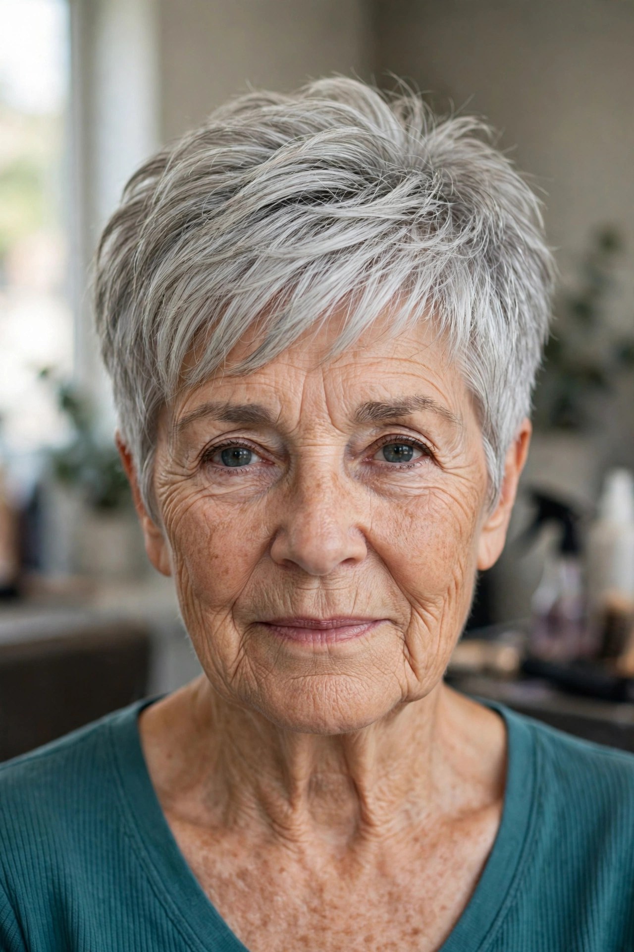 textured forward-swept crop haircut covering a thinning crown on a woman over 60