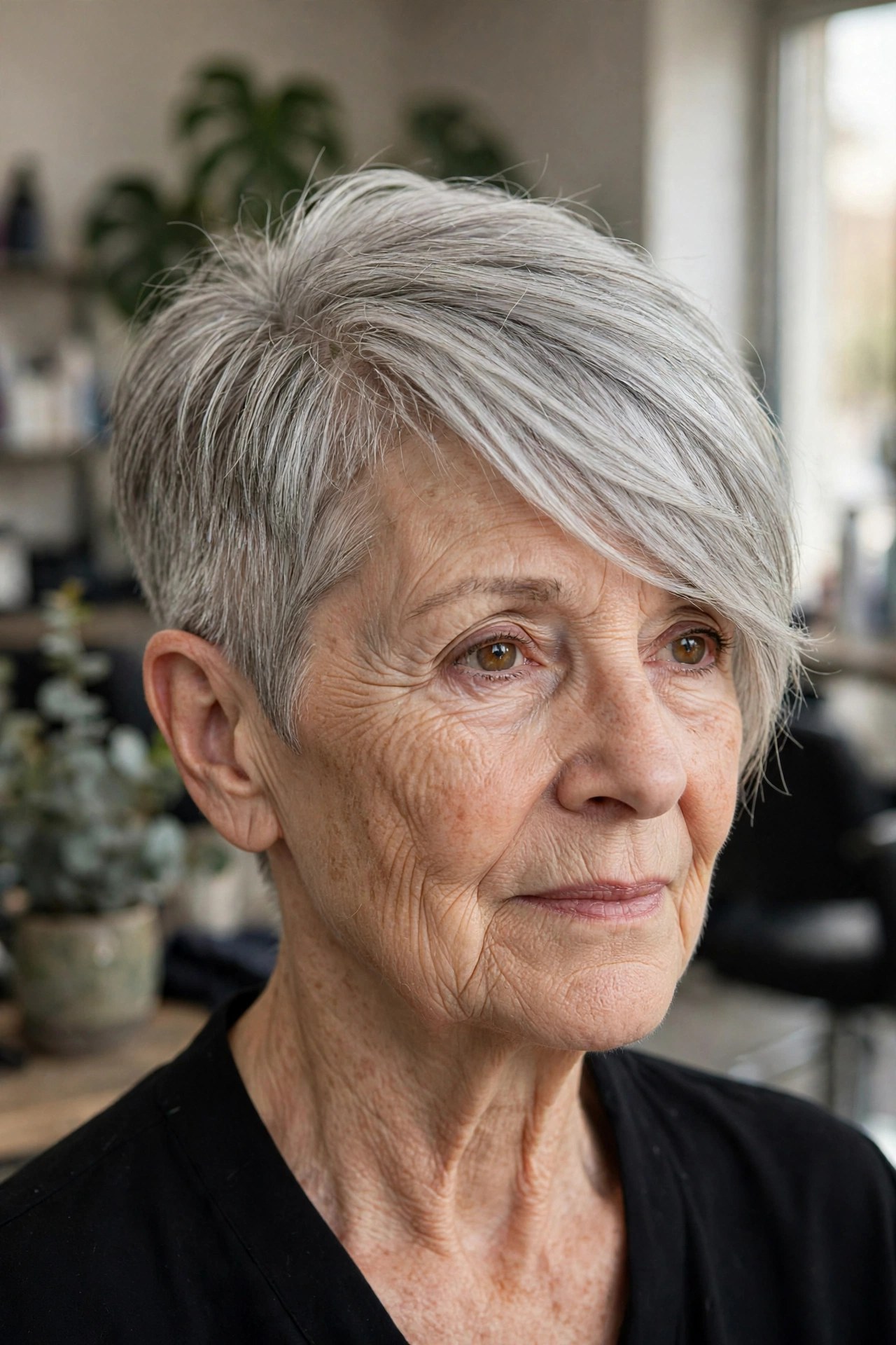 asymmetrical crop haircut with a long top sweep across the crown on a woman over 60