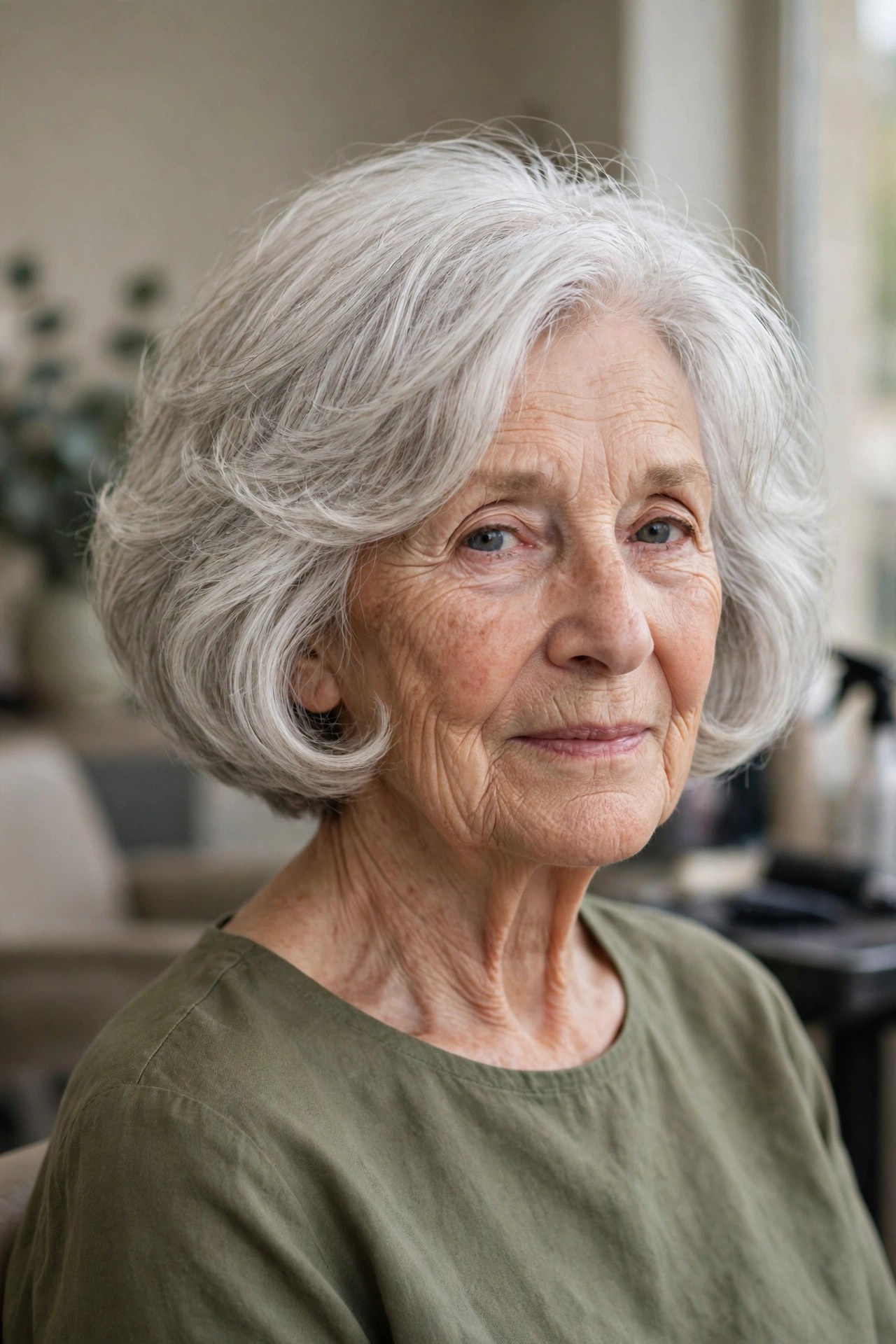 tousled rounded bubble bob haircut with a full curved crown shape on a woman over 60