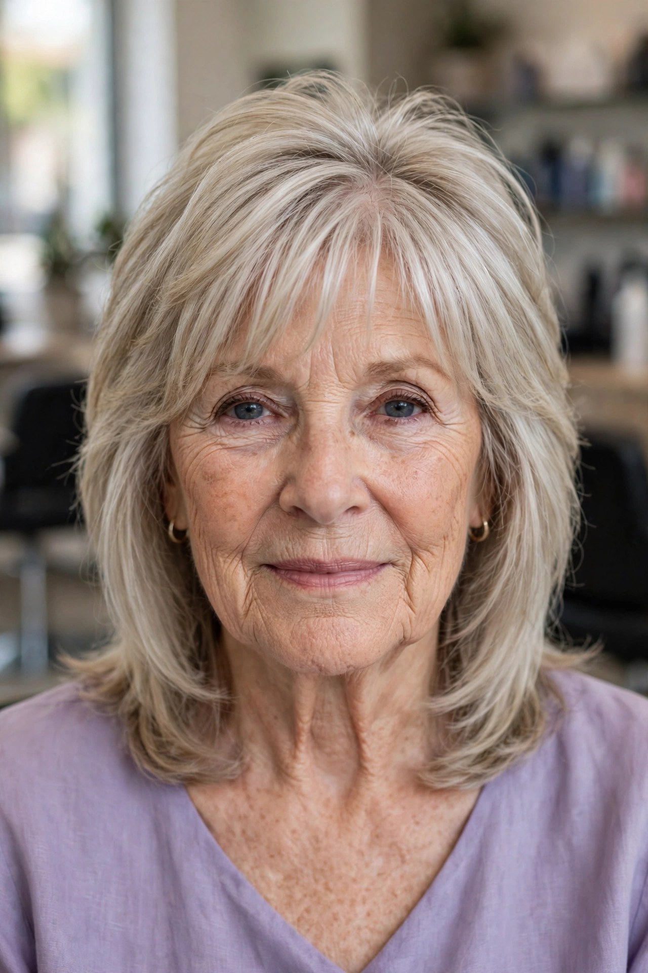layered lob haircut with soft curtain fringe and crown layers on a woman over 60