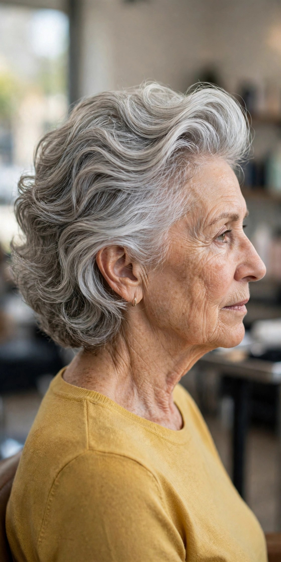 wavy bob haircut brushed back over the crown on a woman over 60 in side view