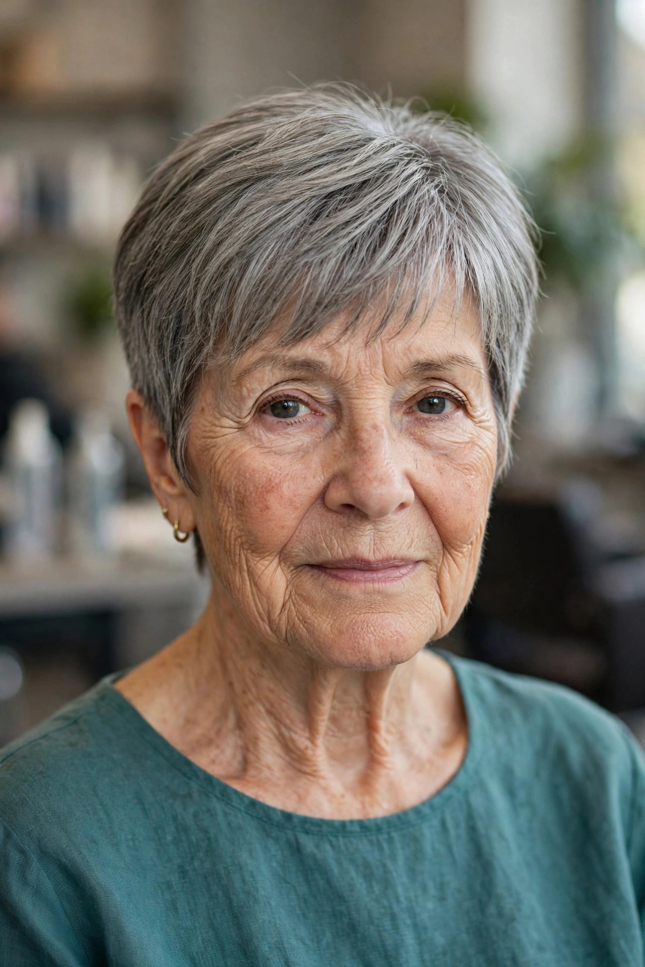 tapered crop haircut brushed forward over the crown with fine hair on a woman over 60