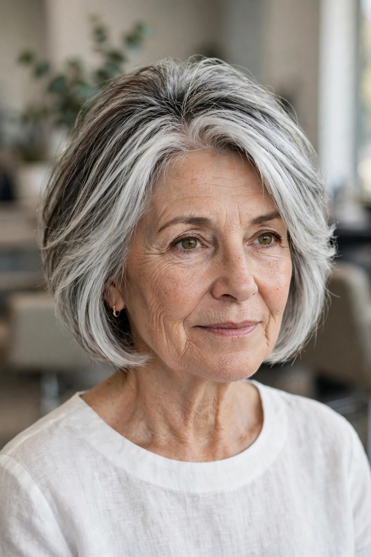 silver bob haircut with shadow depth at the roots creating the look of density on a woman over 60