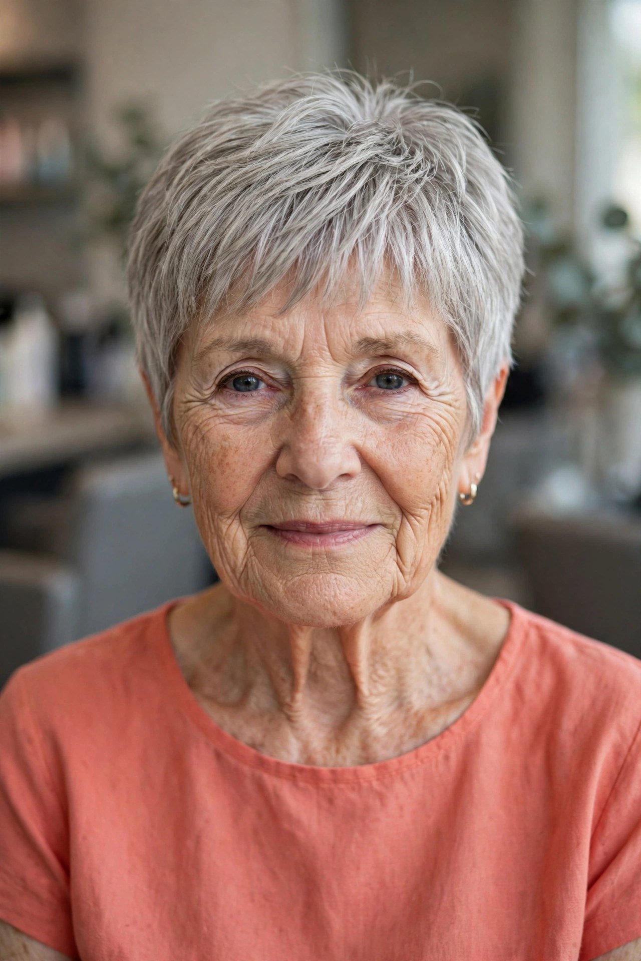 piecey fringe pixie haircut brushed forward for crown coverage on a woman over 60