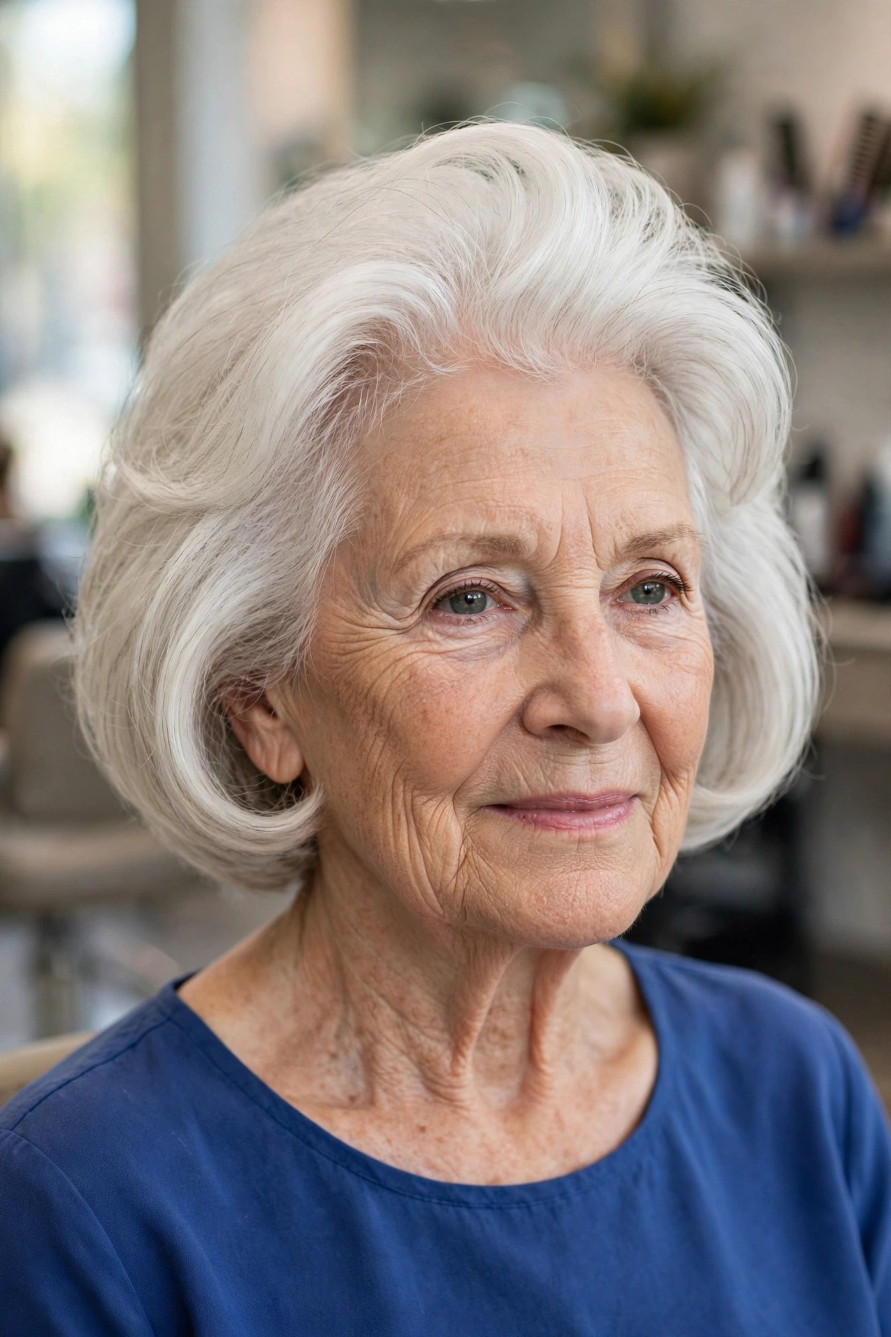 blowout bob haircut with an off-center part and a lifted crown on a woman over 60