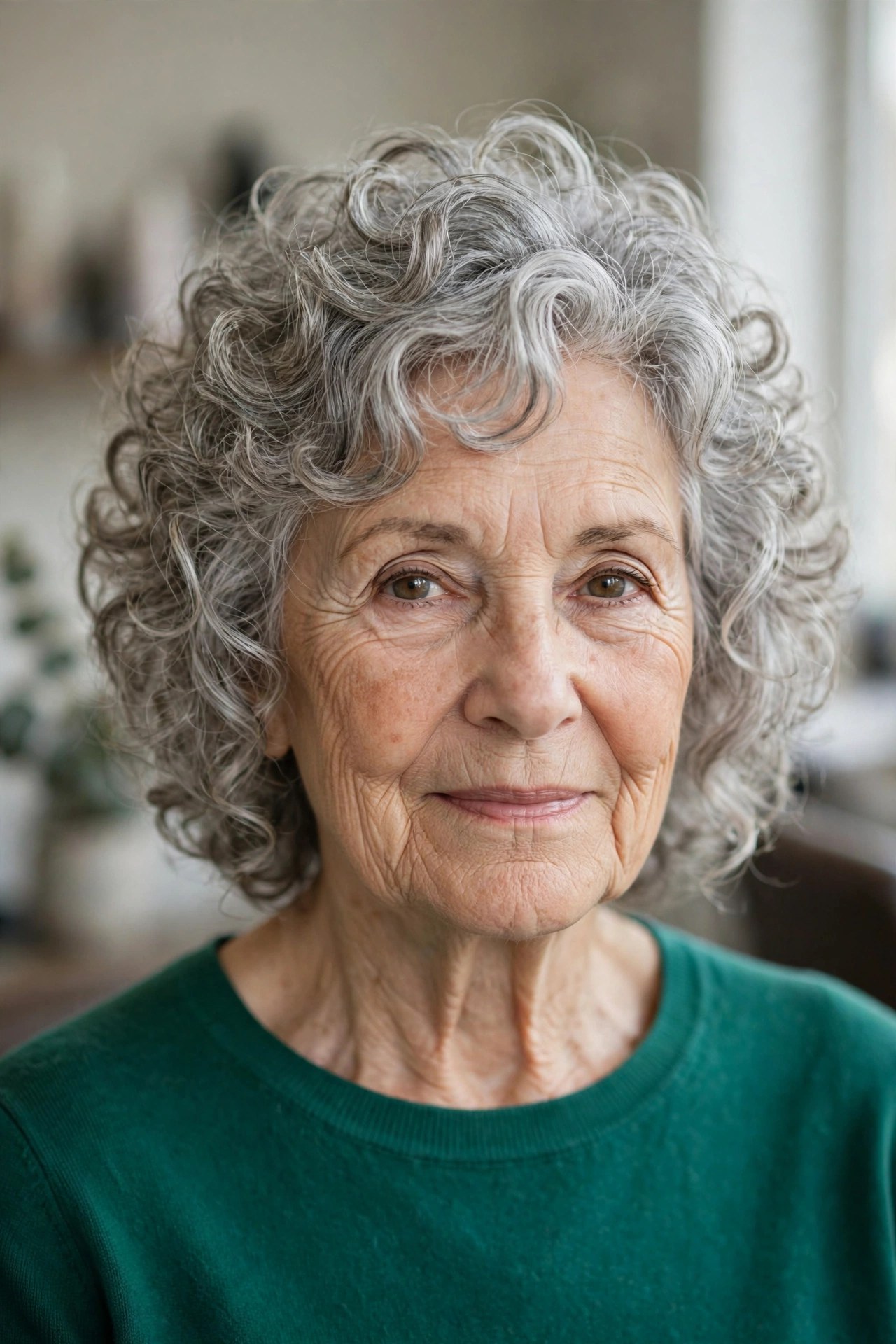 curly bob haircut with nesting curls layered at the crown on a woman over 60