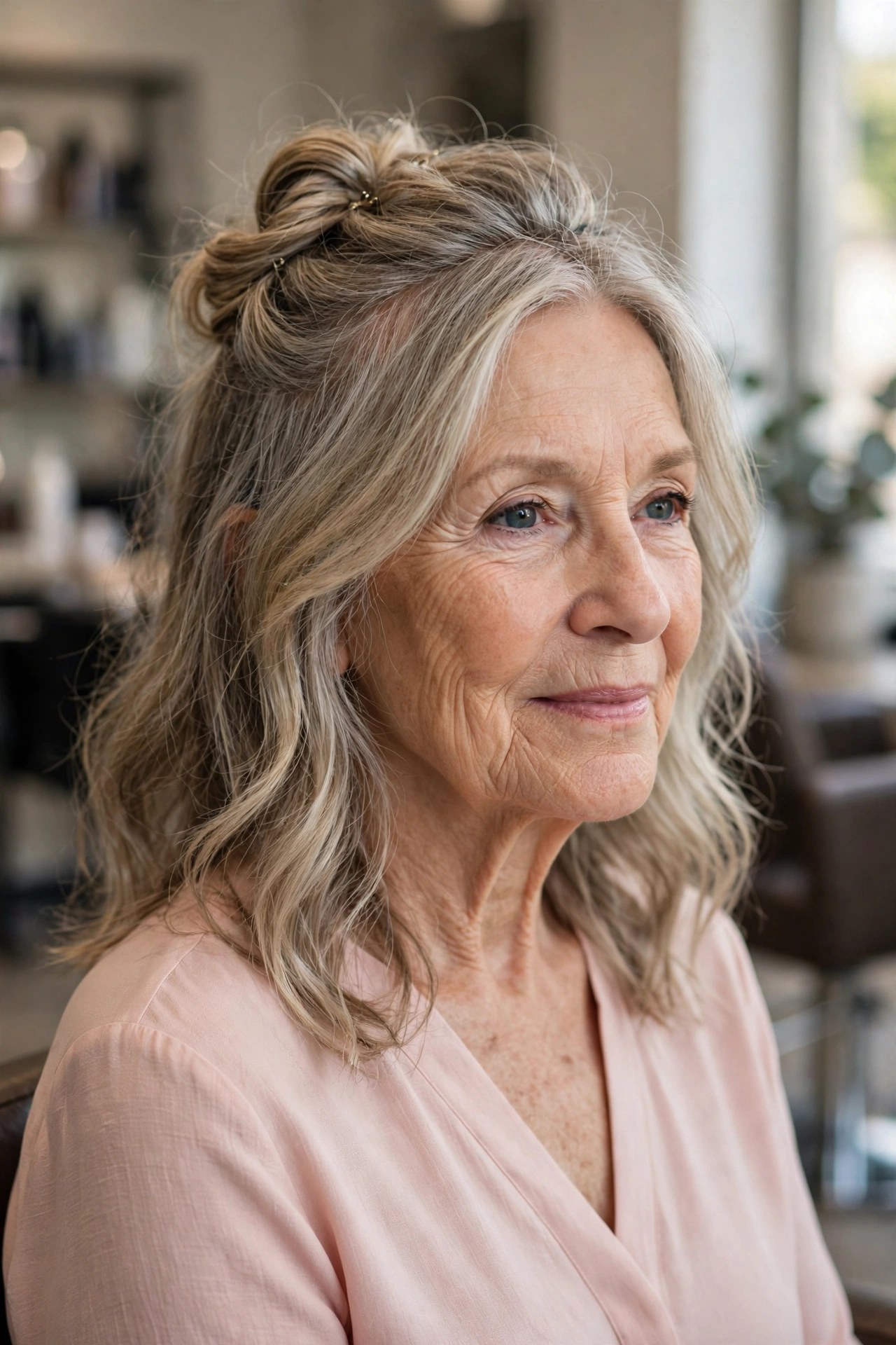 half-up crown twist hairstyle covering the top of the head on a woman over 60