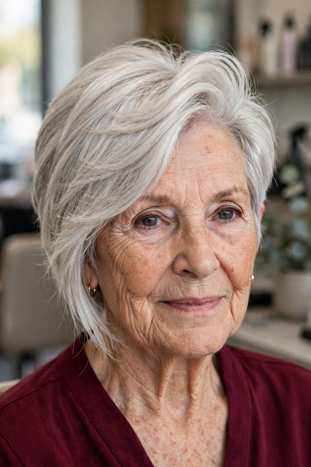 pixie-bob haircut with a deep side part sweeping hair across the crown on a woman over 60
