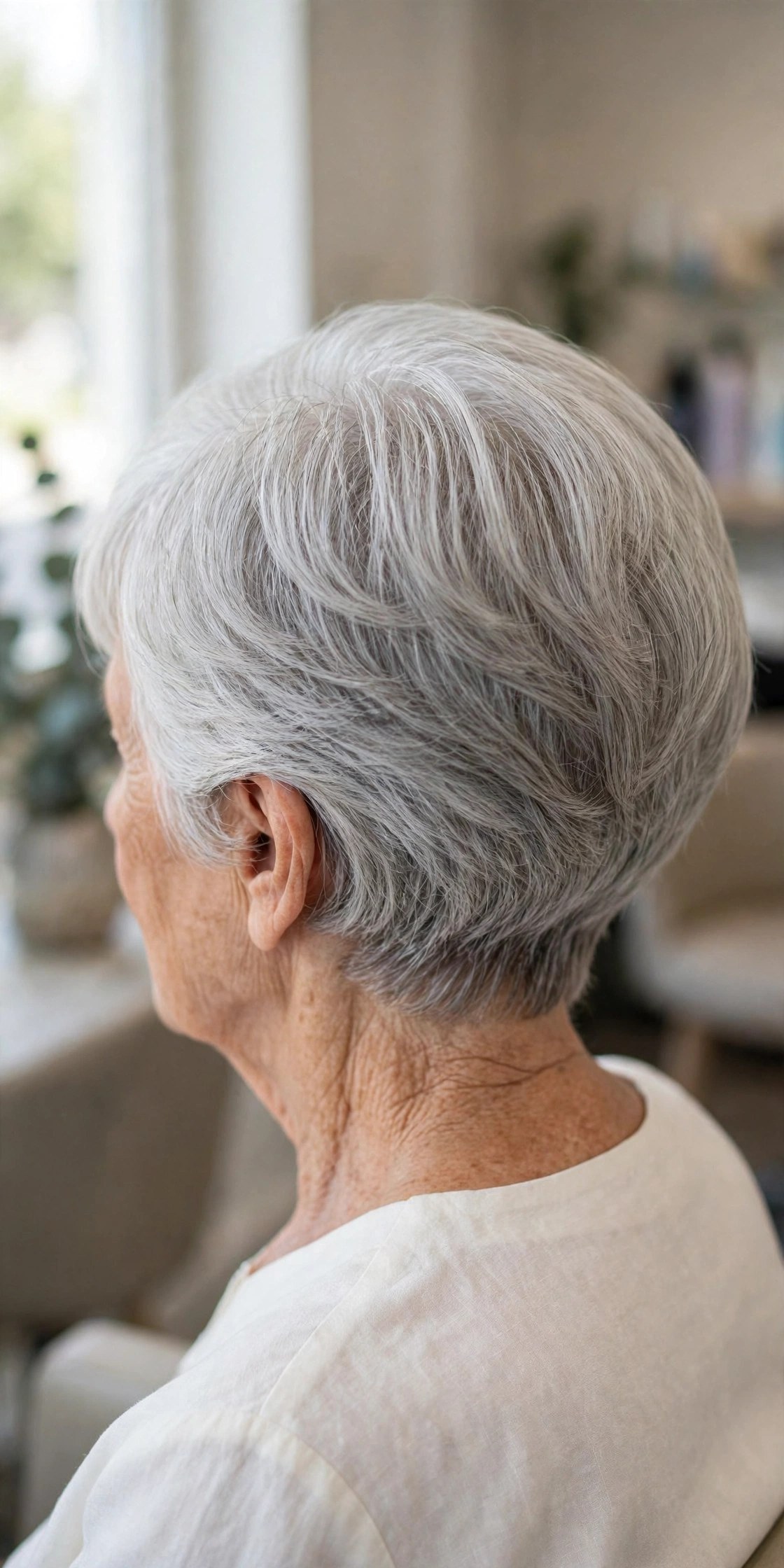 rounded crown bob haircut seen from behind with smooth layers forming a full dome over the crown on a woman over 60