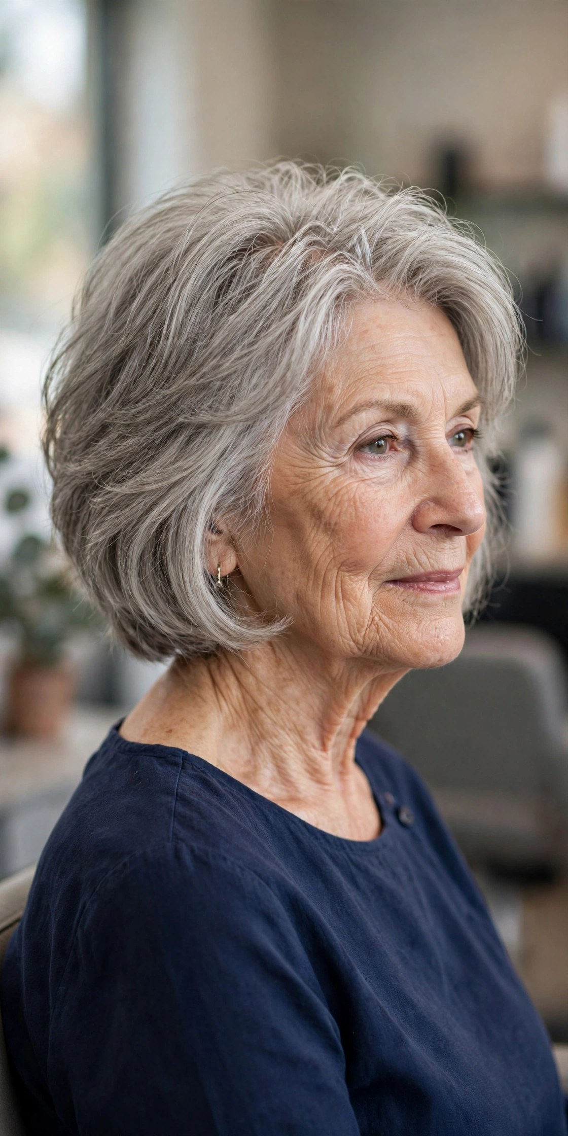 layered bob haircut with a zigzag part hiding a thinning crown on a woman over 60