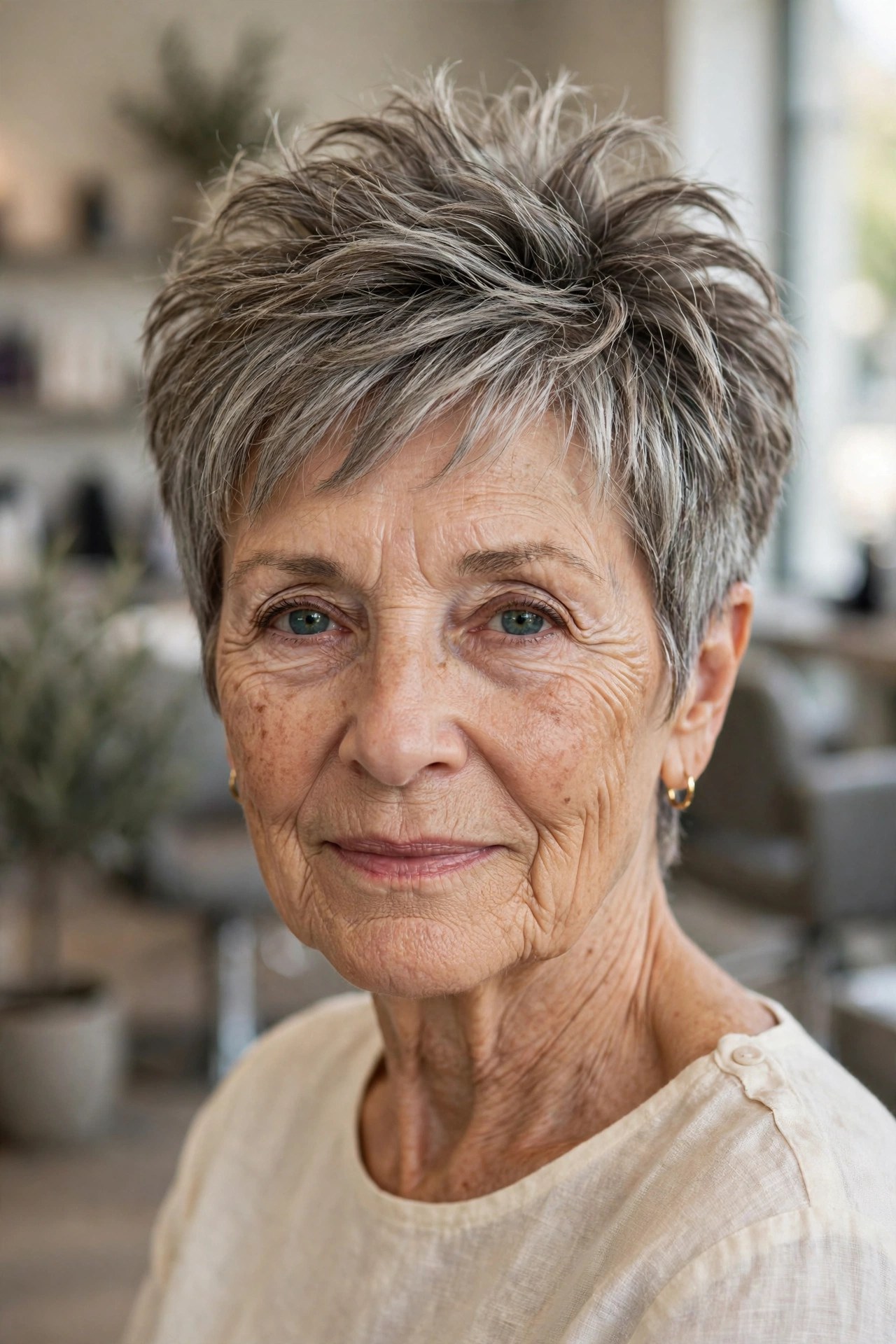 crown-layered pixie haircut with a long textured top on a woman over 60