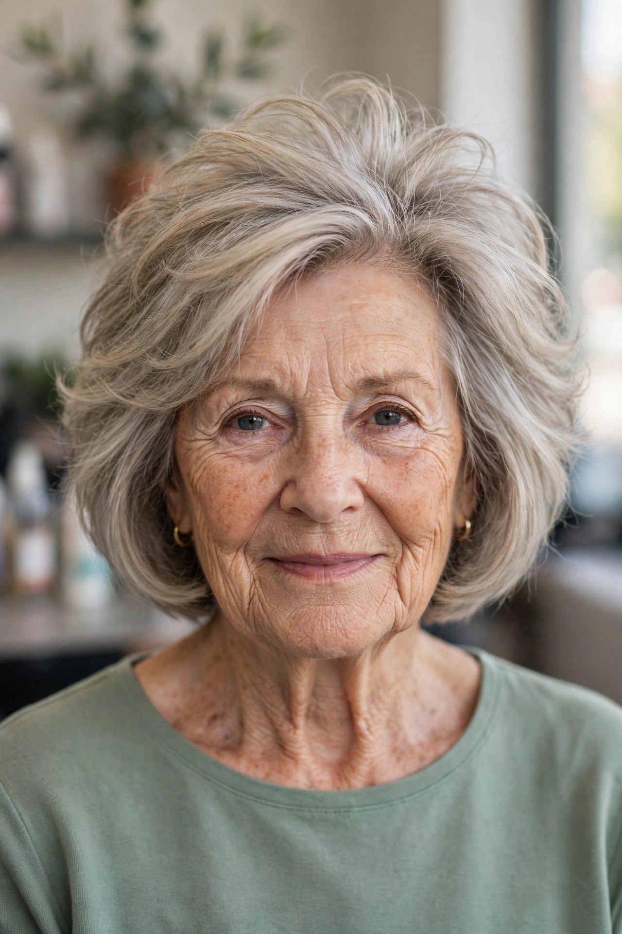 feathered bob haircut with a lifted crown on a woman over 60