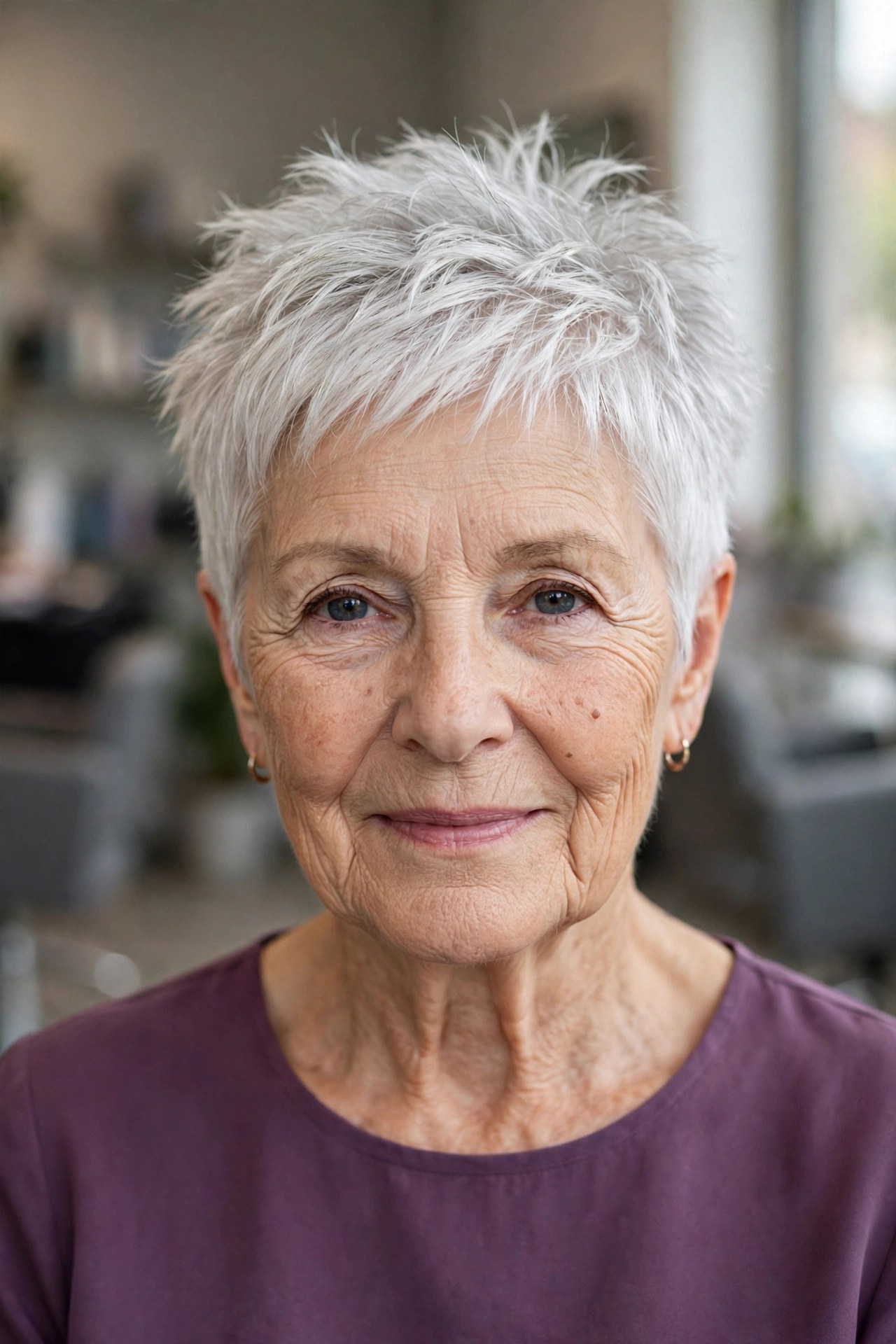 choppy crown pixie haircut with piecey textured layers on a woman over 60