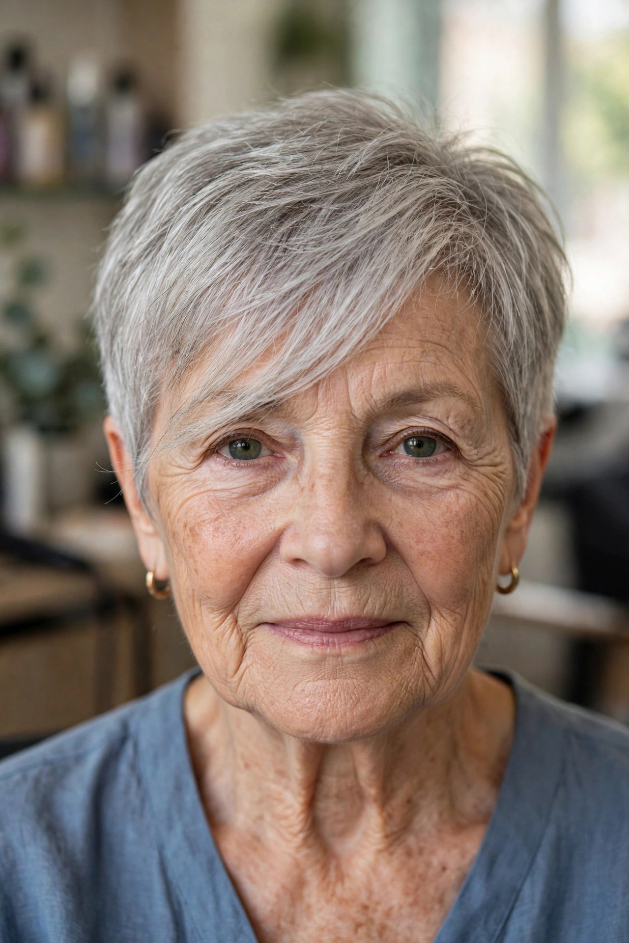 short crop haircut with a side-swept fringe drawing the eye forward on a woman over 60