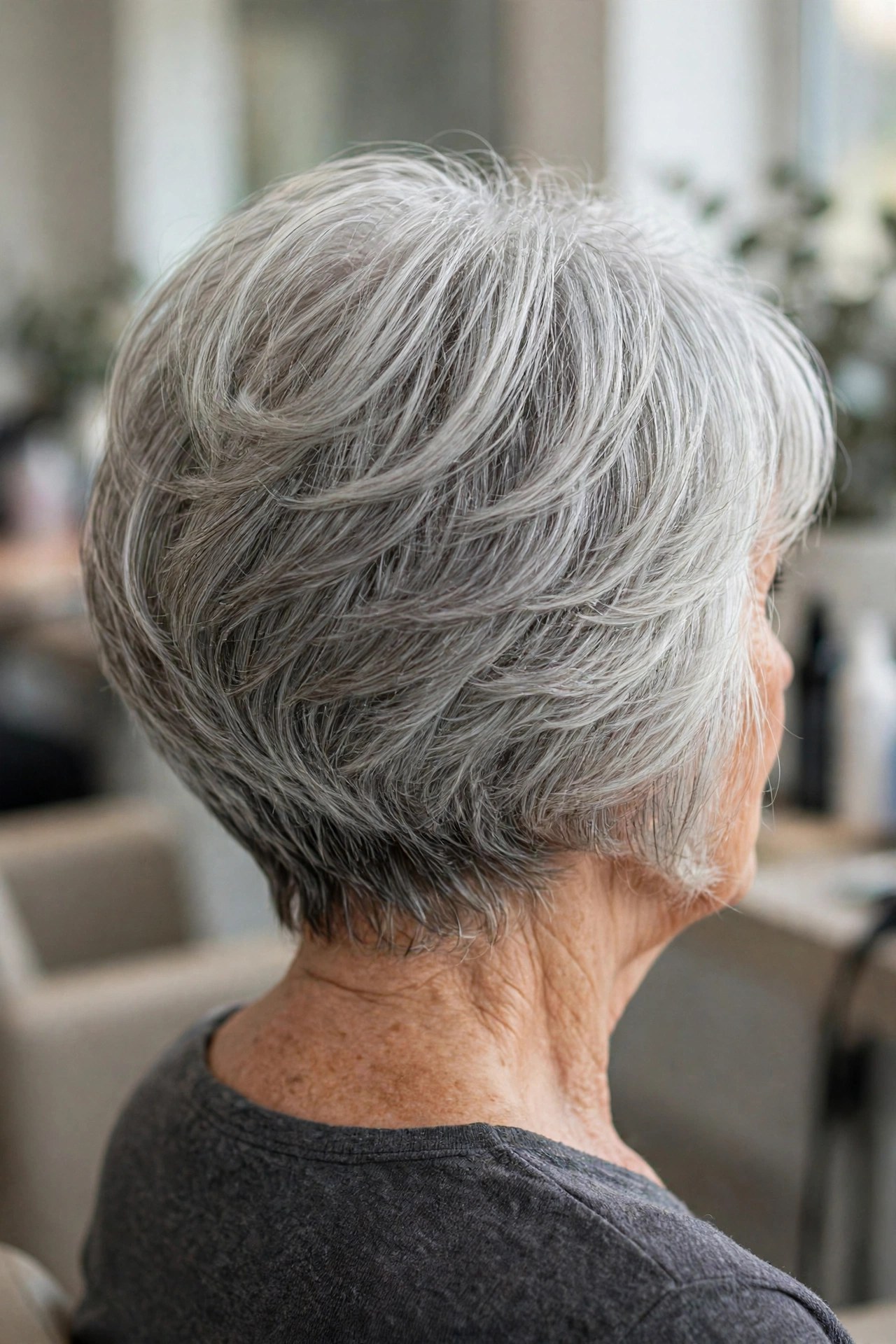 stacked bob haircut seen from the back with graduated layers covering the crown on a woman over 60