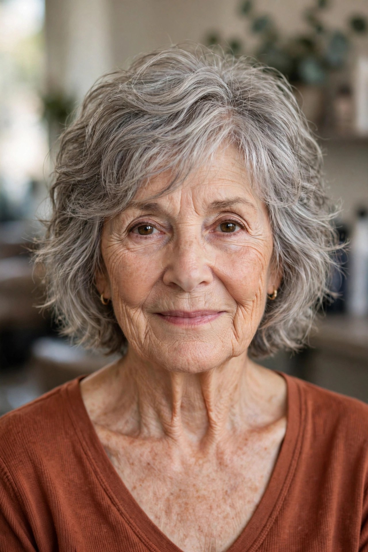 soft short shag haircut with crown layers on a woman over 60