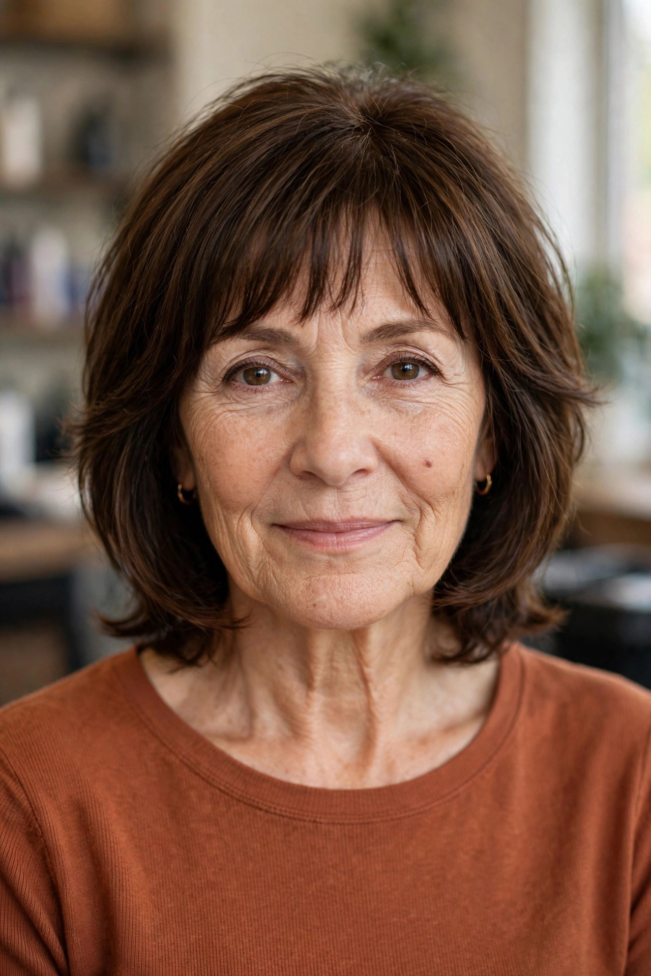 Bottleneck Bangs With a Collarbone Cut on a woman over 50