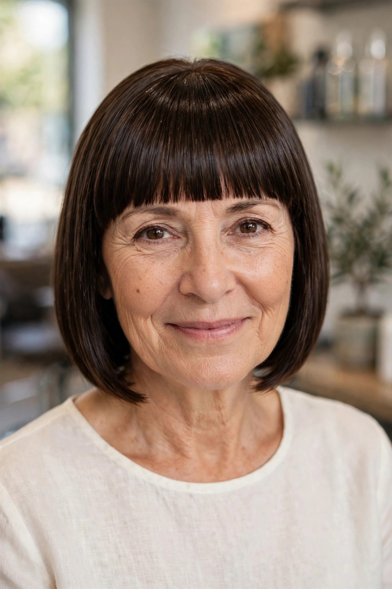 Blunt Bangs With a Sleek Glass-Hair Lob on a woman over 50