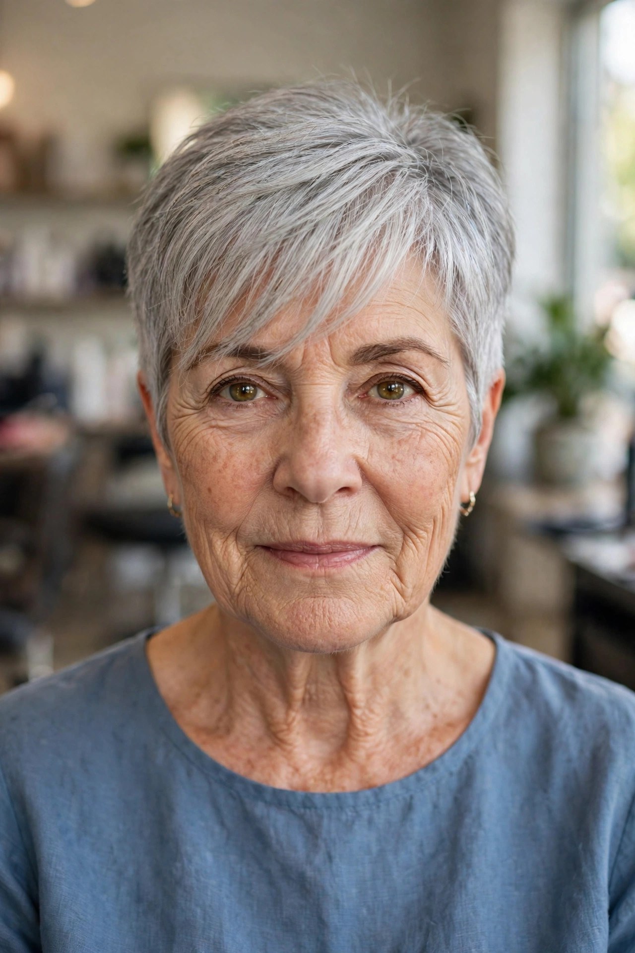 Wispy Side Fringe With a Silver Tapered Crop on a woman over 50