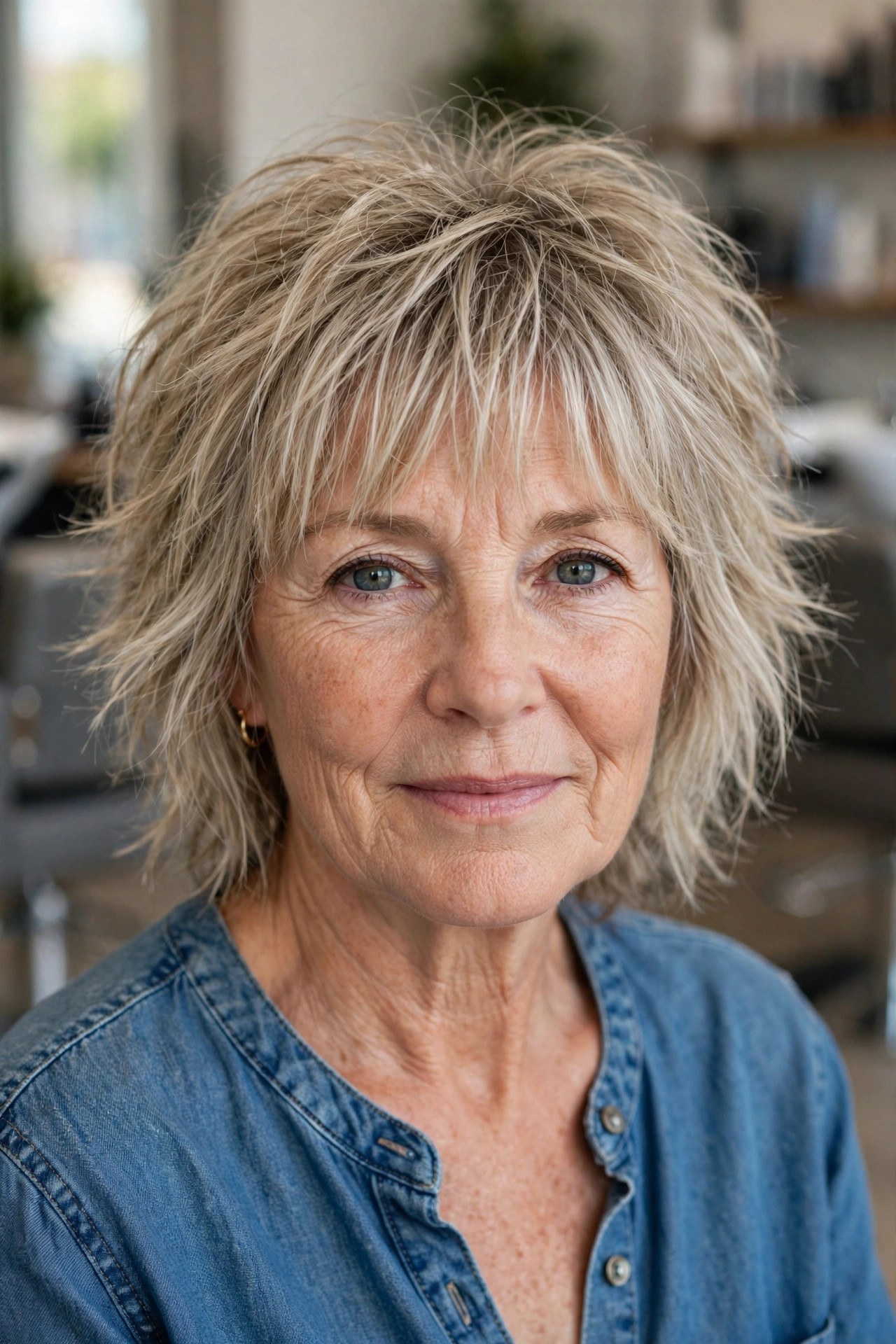 Piecey Bangs With a Messy Shag on a woman over 50