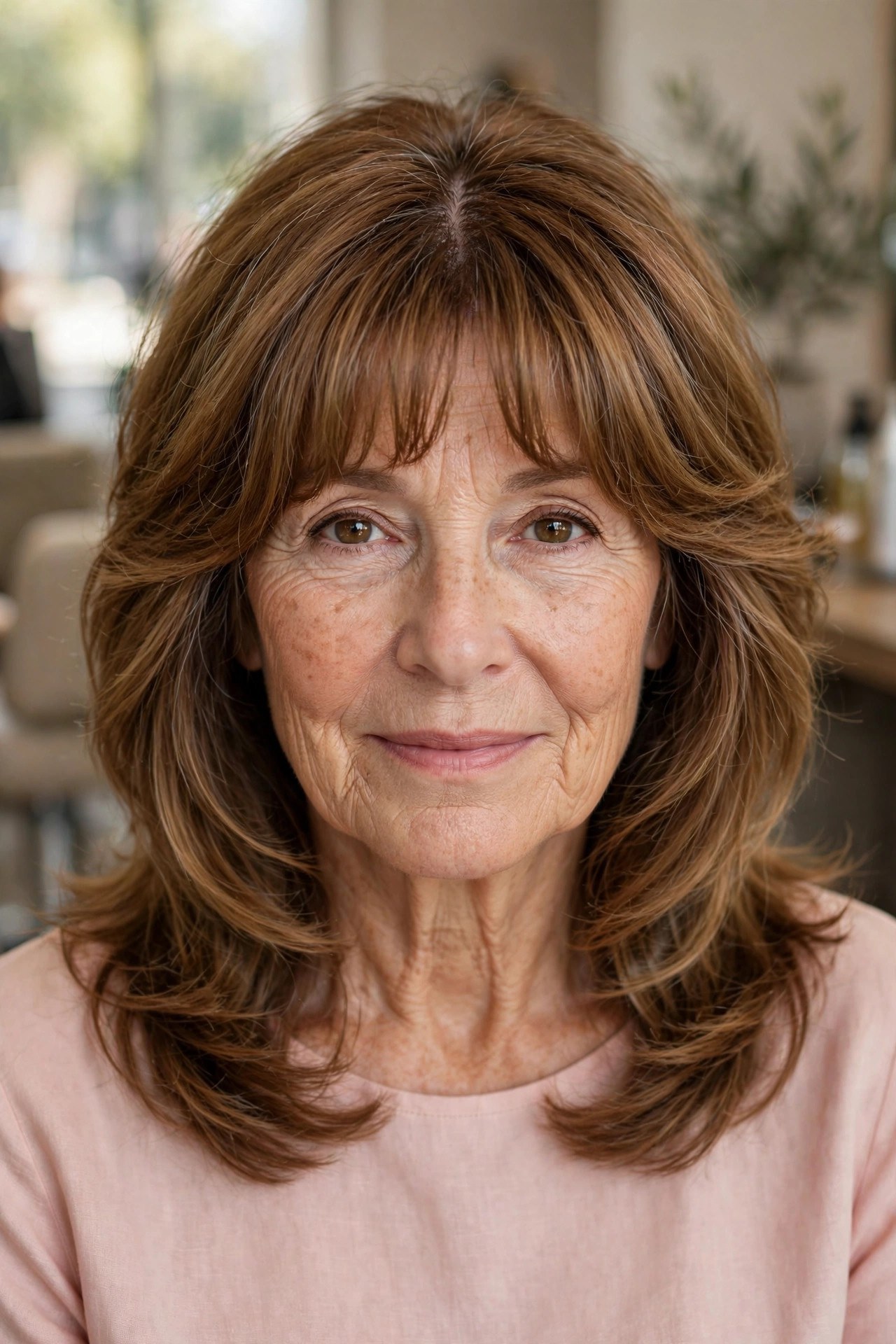 Bardot Bangs With Medium Layers on a woman over 50