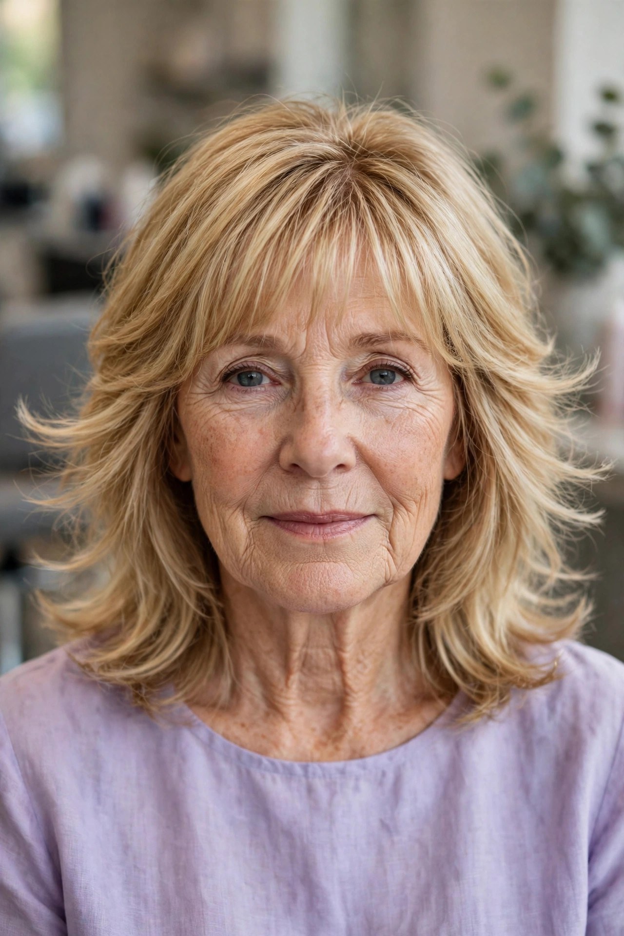 Soft Fringe With a Feathered Medium Cut on a woman over 50