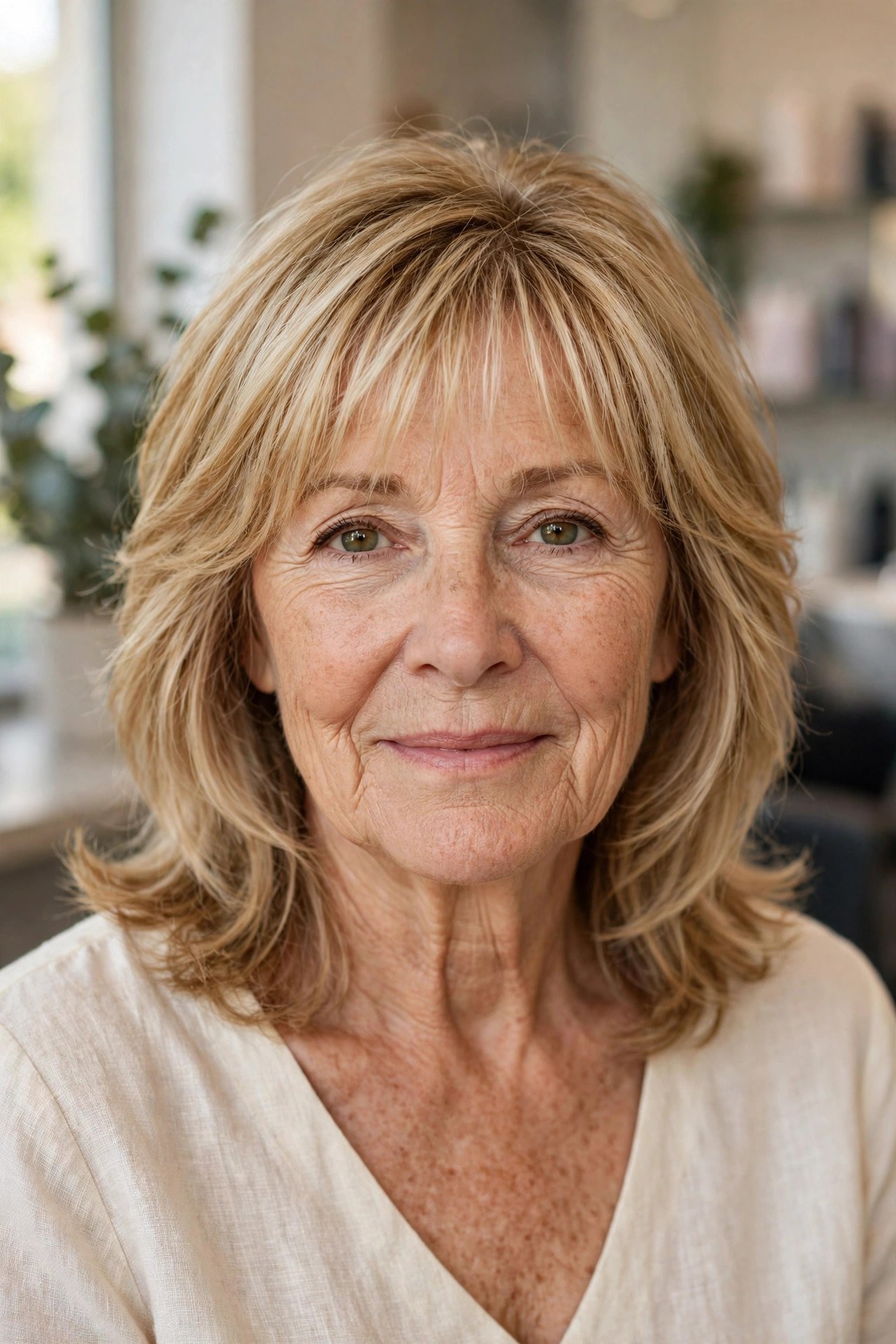 Wispy Bangs With a Layered Lob on a woman over 50