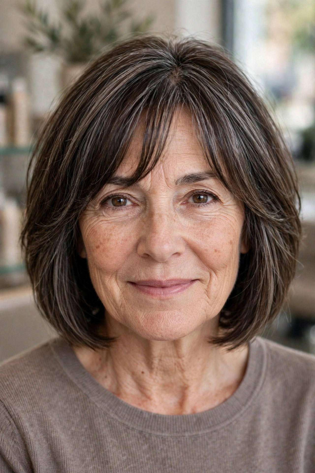 Split Bangs With a Layered Bob on a woman over 50