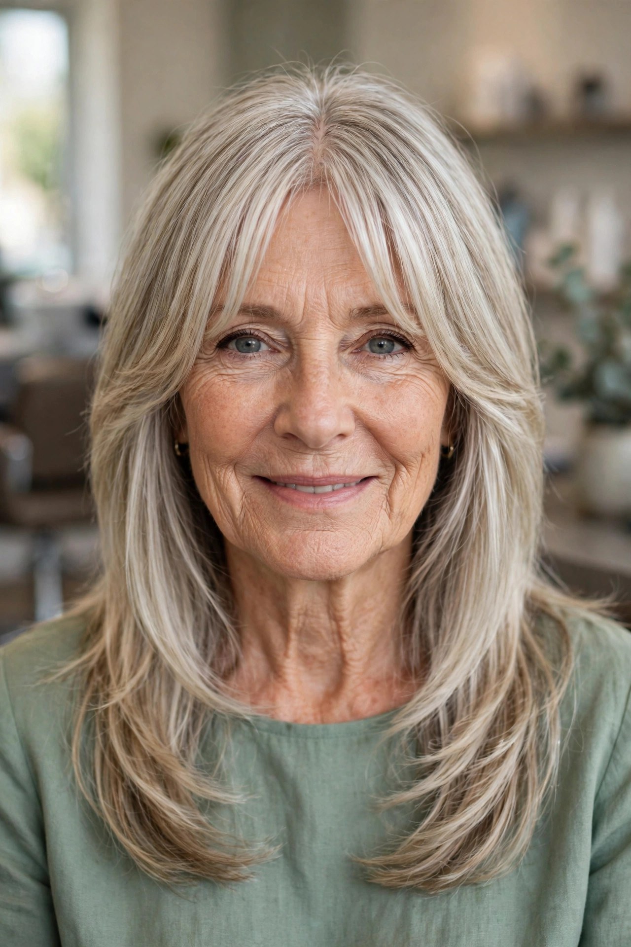 Curtain Bangs With Long Silver Layers on a woman over 50