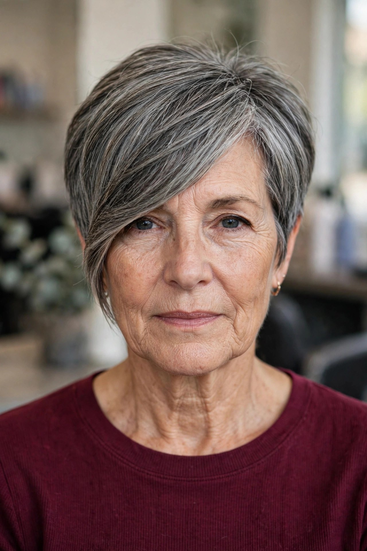 Side-Swept Bangs With a Gray Pixie Bob on a woman over 50