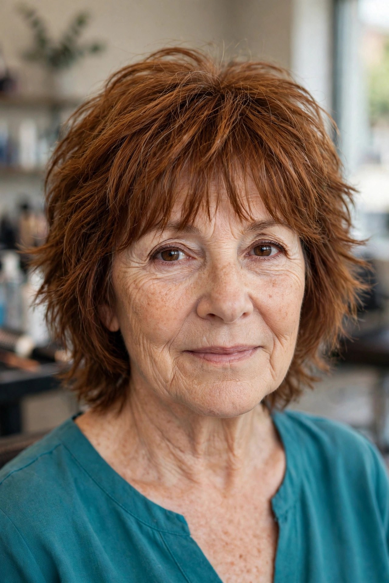 Feathered Bangs With a Modern Shag on a woman over 50