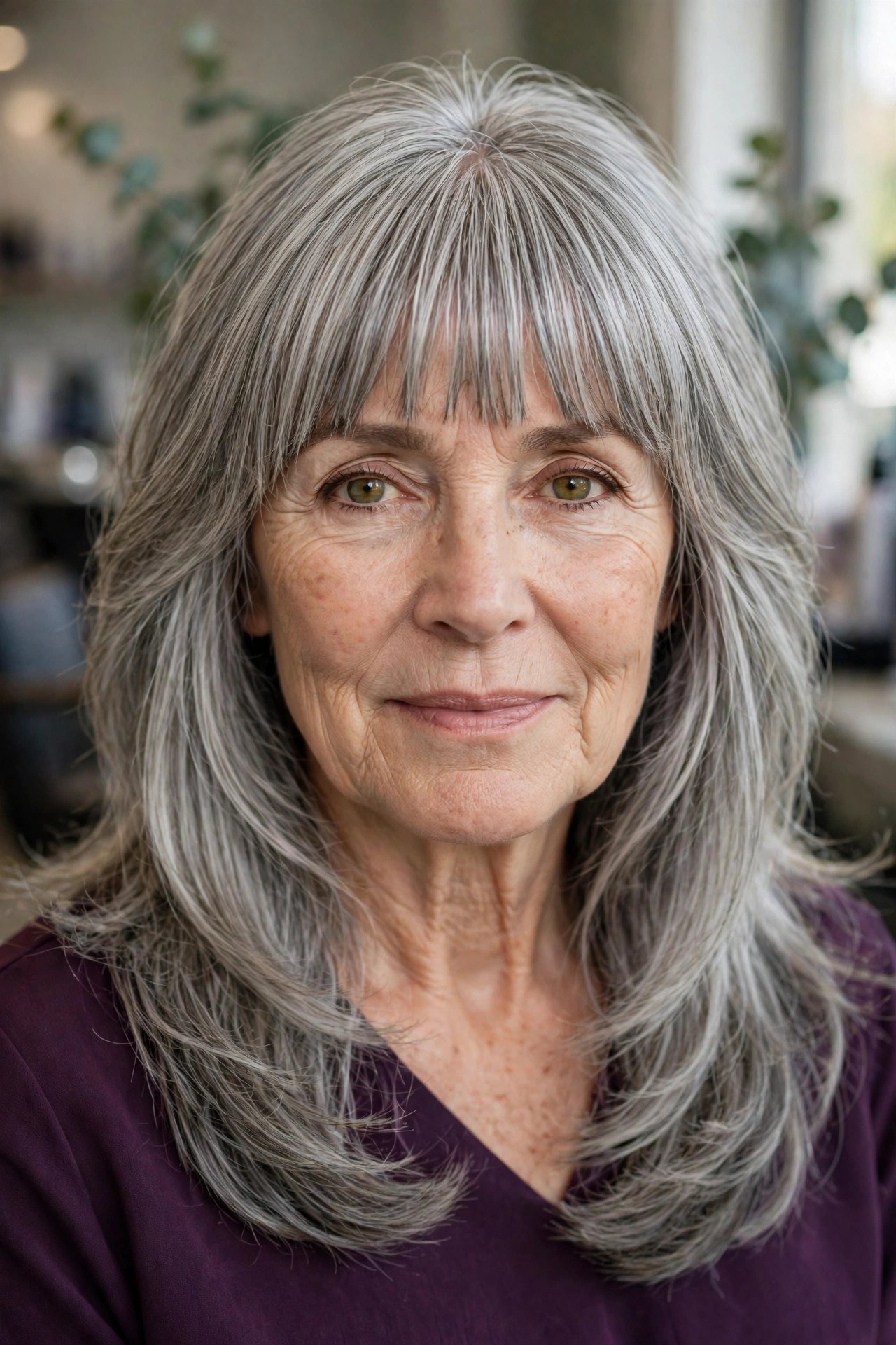 Full Fringe With Long Silver Layers on a woman over 50