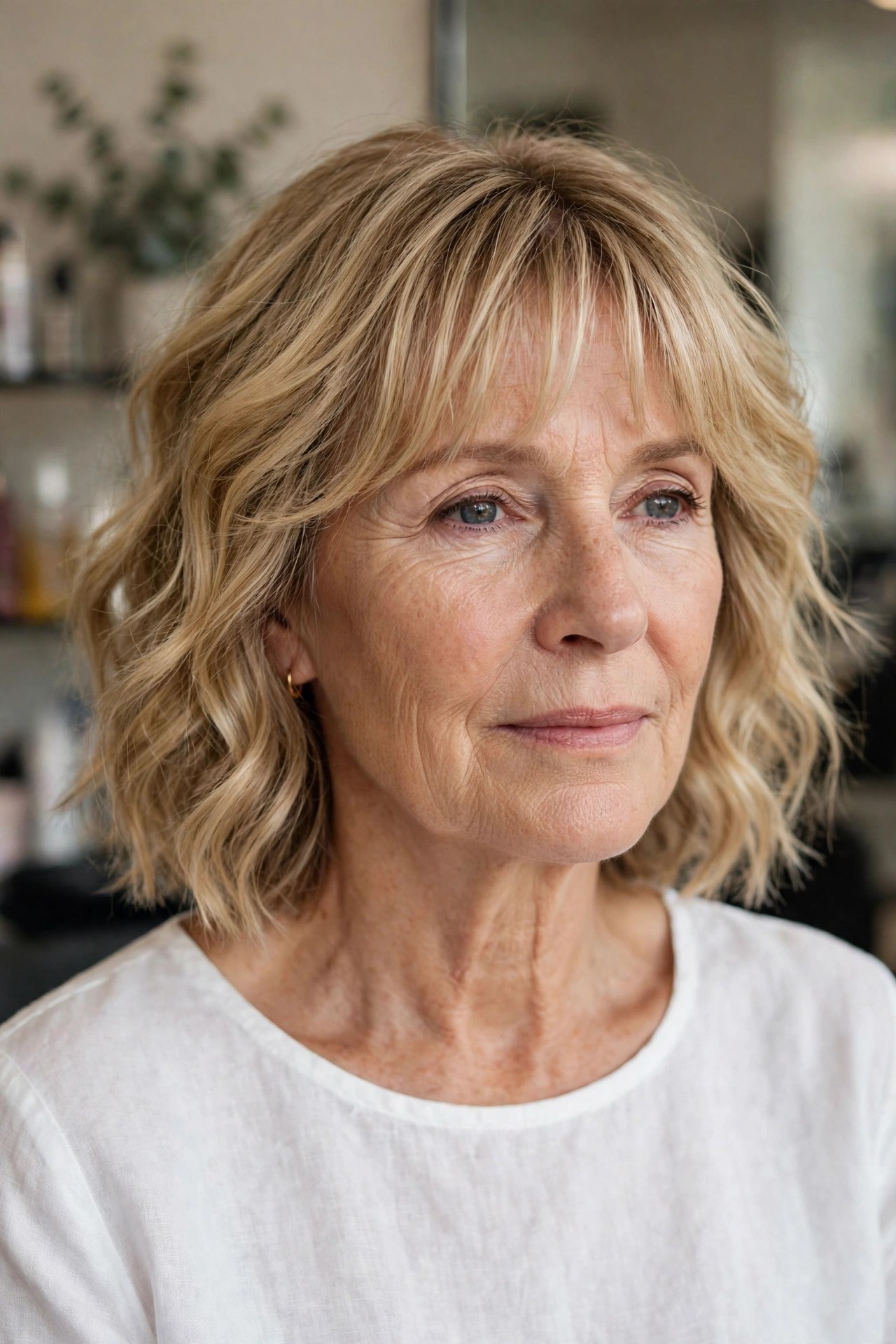 Airy See-Through Bangs With a Wavy Lob on a woman over 50