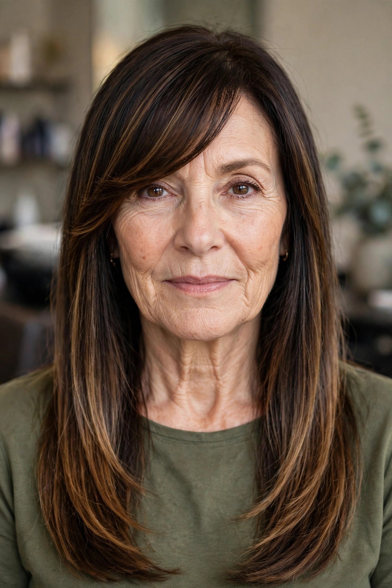 Long Side Bangs With Sleek Long Hair on a woman over 50