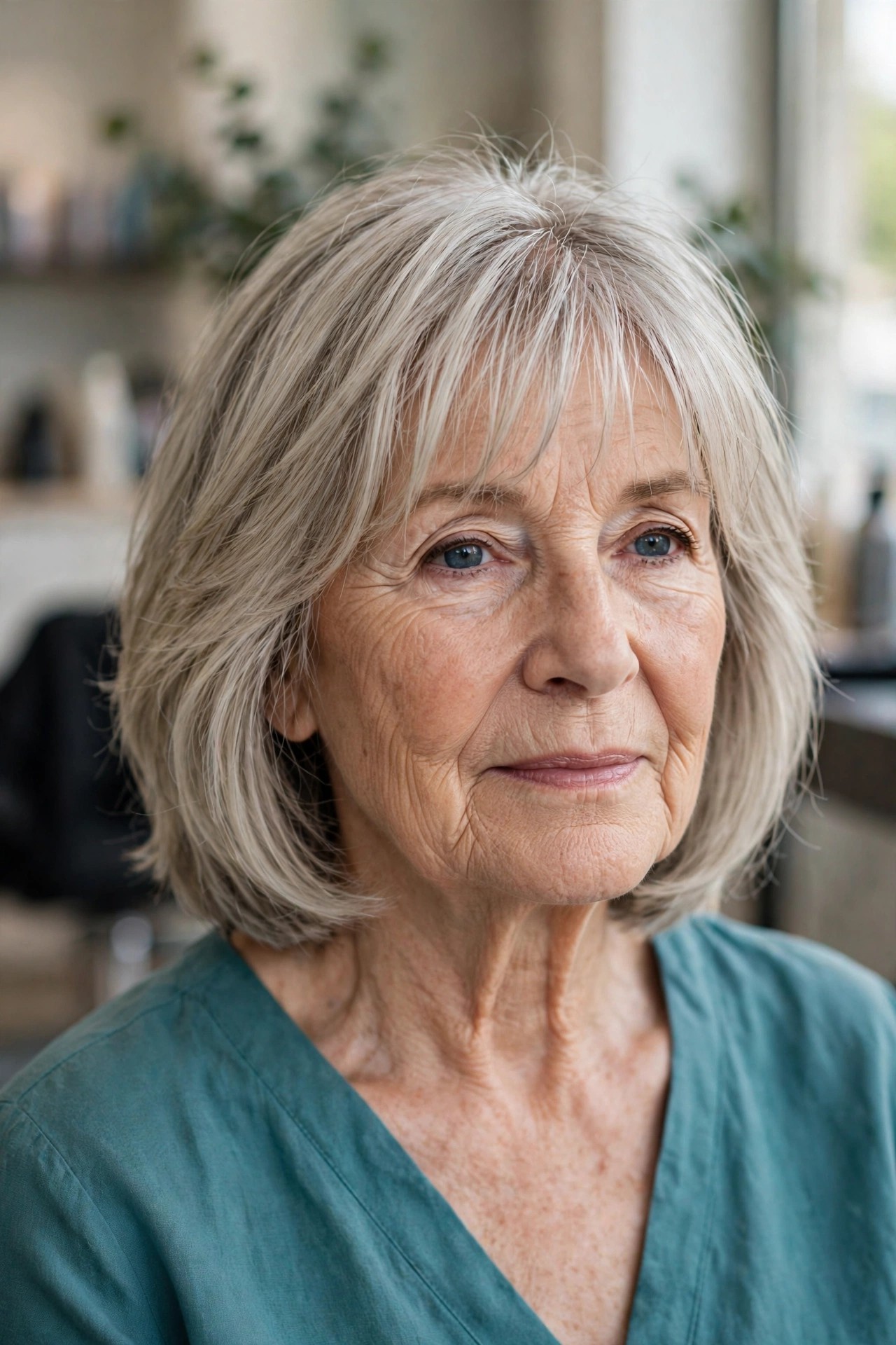 Wispy See-Through Bangs with a Layered Bob - hairstyle with bangs on a woman over 60